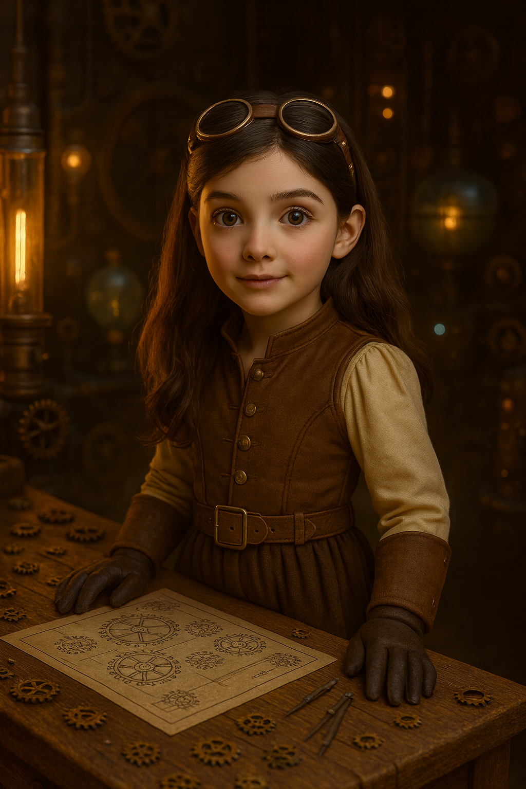 A young girl dressed in steampunk attire with goggles on her head, standing at a wooden workbench with gears and mechanical drawings in a vintage science lab.