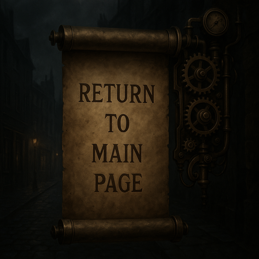 Old mechanical sign with gears and pipes that says 'Return to Main Page' in a dark, foggy street setting.