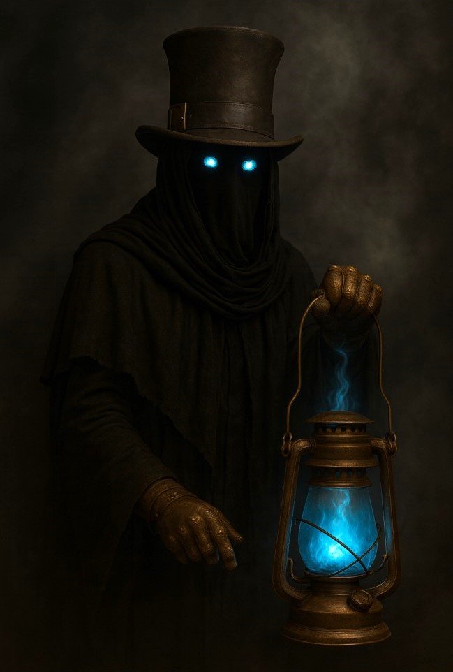 A dark figure with glowing blue eyes, wearing a tall top hat, leather gloves, and a hooded cloak, holding an old lantern emitting blue flame against a dark background.