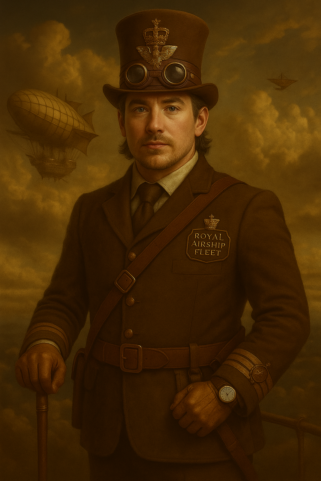 A man dressed in Victorian-era pilot attire with goggles and a badge reading 'Royal Airship Fleet,' standing in front of a steampunk-style sky with airships and clouds.
