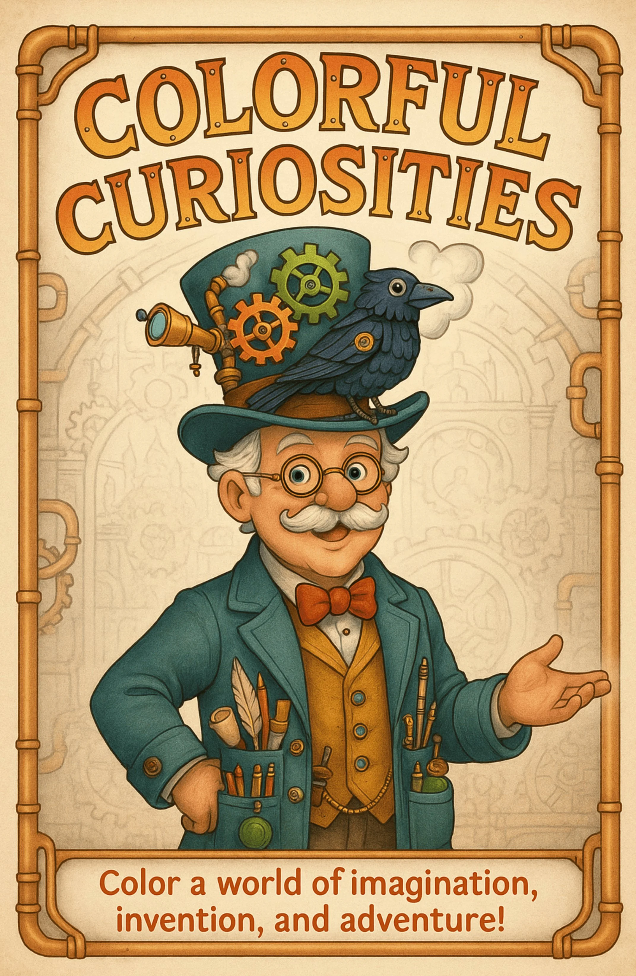 Book cover titled "Colorful Curiosities" featuring an illustrated man with a mustache, glasses, bow tie, and a quirky hat with gears and a crow, surrounded by a steampunk-inspired background.