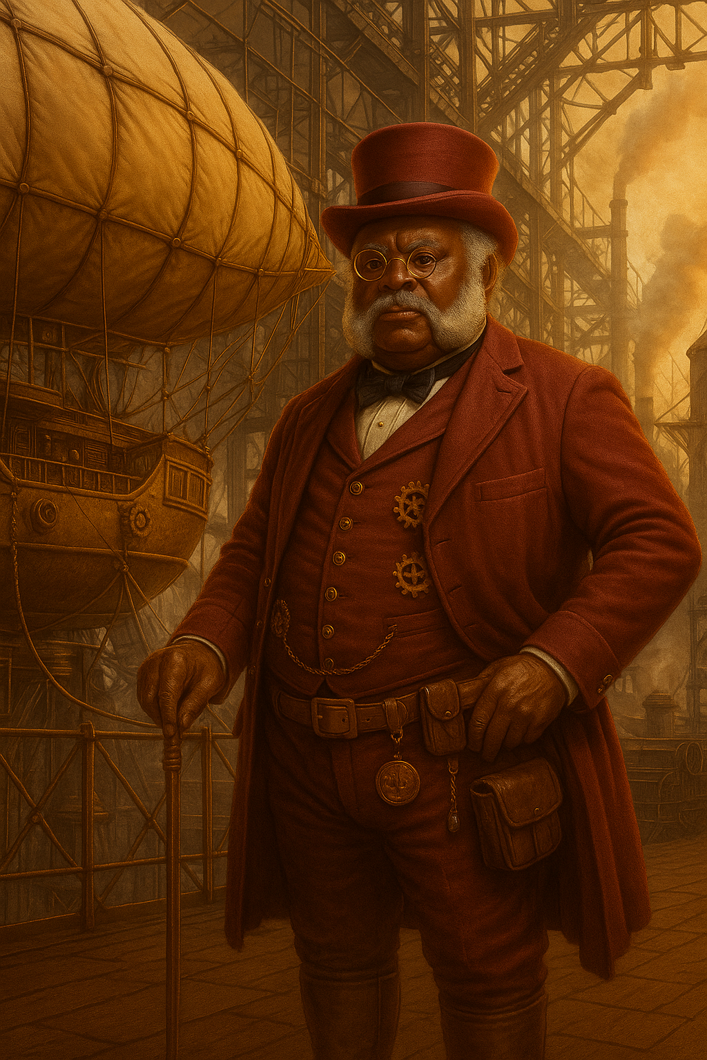 A stern-looking older man dressed in Victorian steampunk attire, including a top hat, round glasses, a coat with gear-shaped accents, and carrying a walking cane, standing in front of an industrial steampunk cityscape with airships and factory smokestacks releasing smoke.