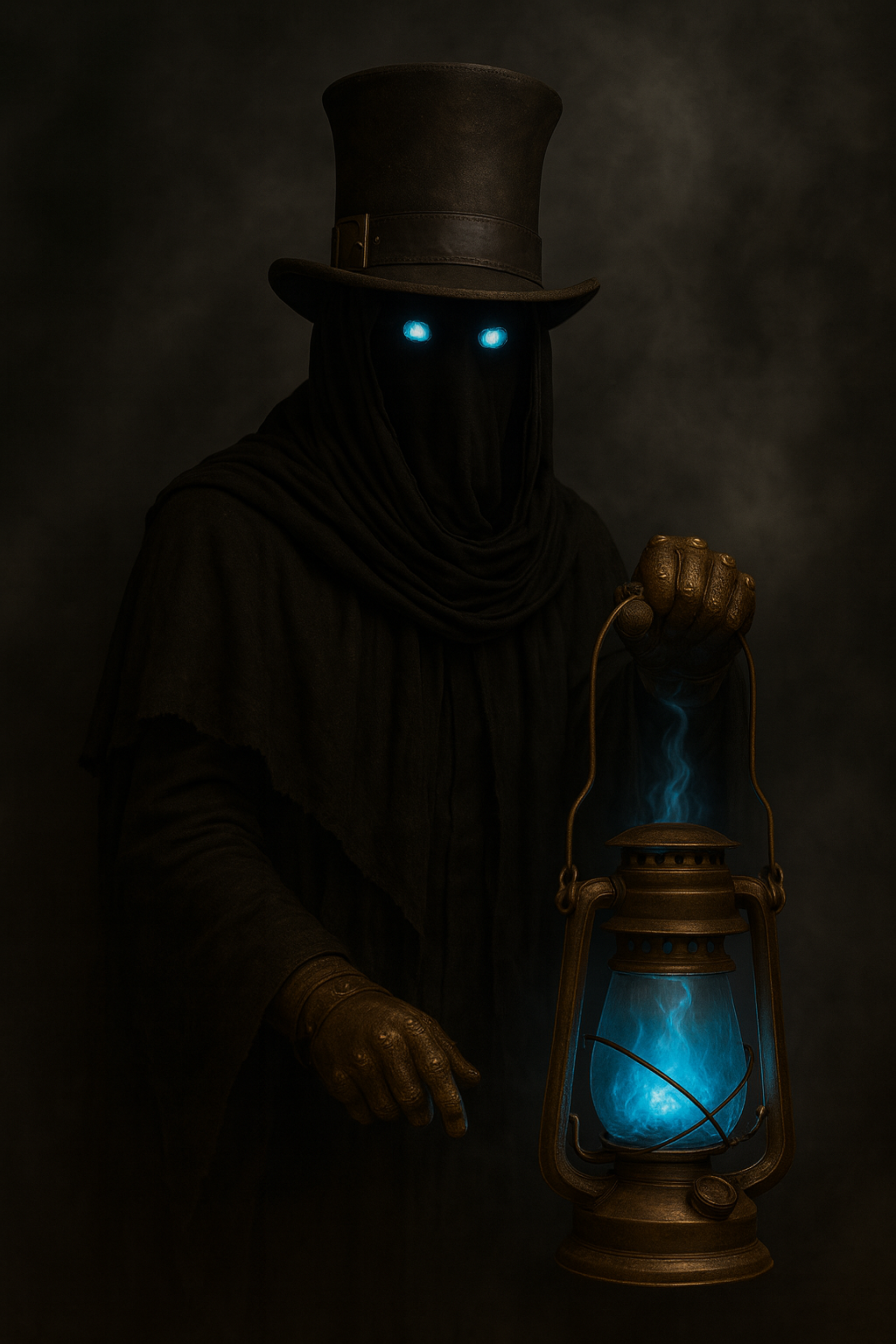 A mysterious figure with glowing blue eyes wearing a black top hat and cloak, holding an old lantern with blue flames in a dark, foggy setting.