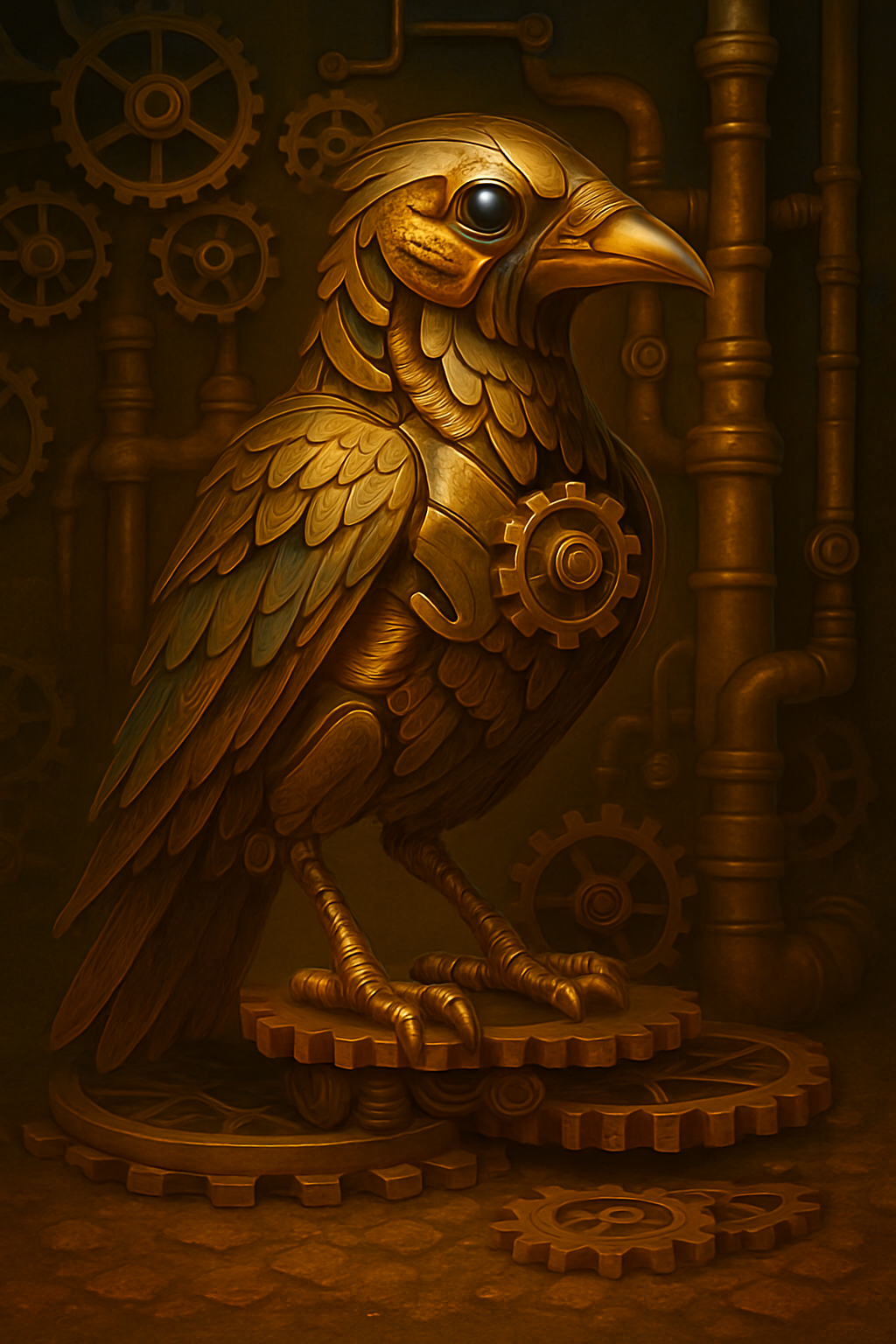 A steampunk-style golden mechanical bird with cogs and pipes in the background.