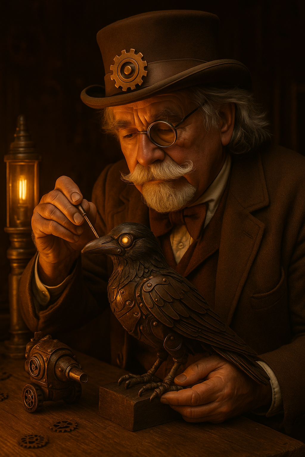 An elderly man with a white beard, wearing a steampunk-style top hat with a gear, and an eyepatch over one eye, is working on a detailed metal crow sculpture in a vintage workshop with warm lighting.