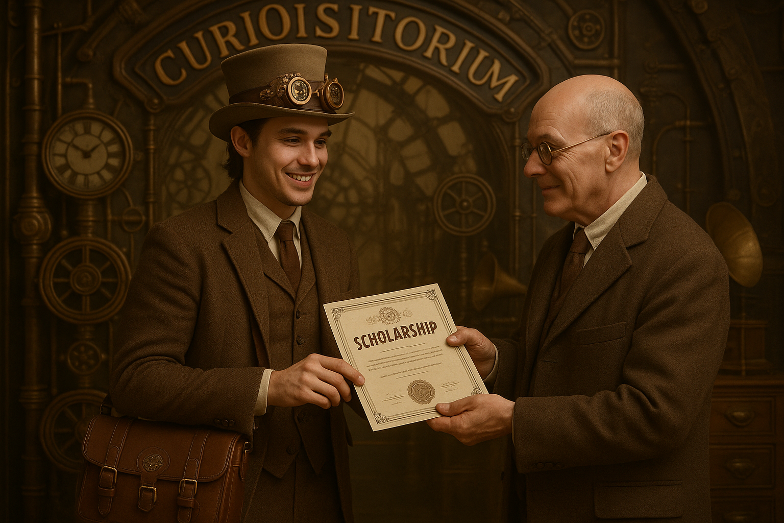 A young man in vintage steampunk attire receiving a scholarship certificate from an older man in a suit, in front of a clock-themed backdrop with the word 'Curiosityrium' visible.