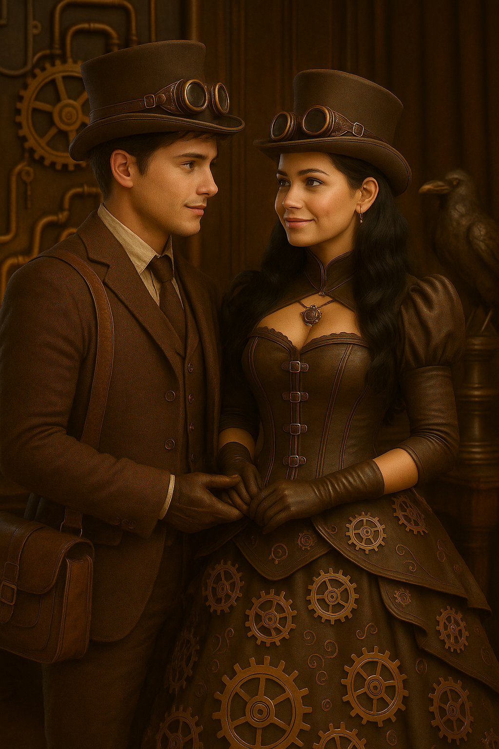 A man and a woman dressed in Victorian steampunk attire, standing close together indoors with steampunk gear and machinery decor in the background.