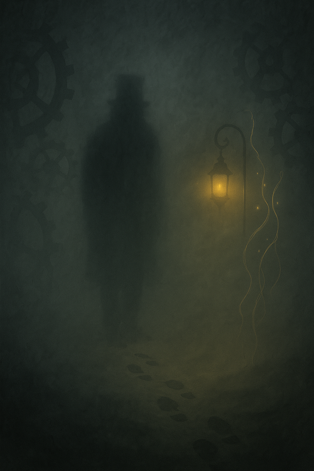 A shadowy figure with a top hat standing in front of a wall with large clock gears faintly visible. There is a glowing yellow lantern to the right, and a trail of footprints on the ground leading toward the figure.
