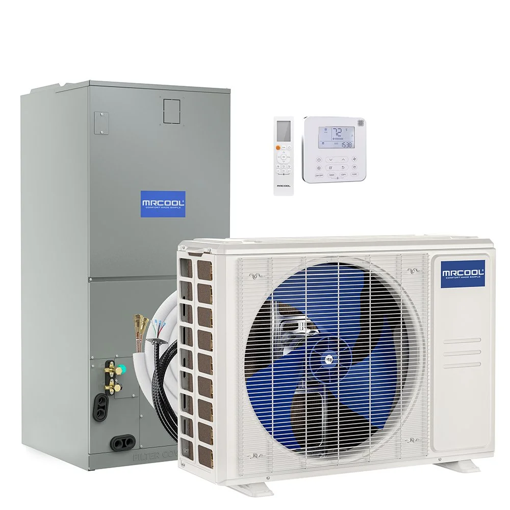 An MRCOOL brand mini split air conditioning and heating system, with an outdoor condenser unit, indoor control panel, and remote control.