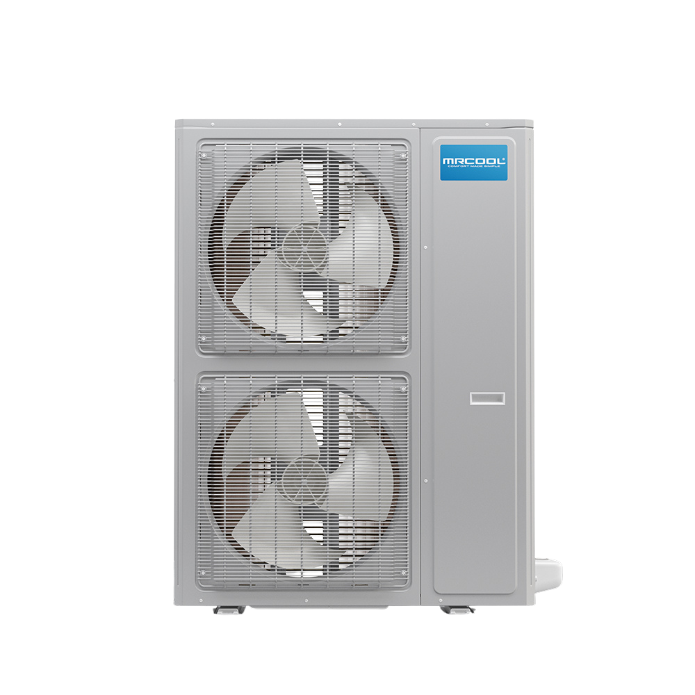 An outdoor air conditioning or heat pump unit with two large fans, branded 'MRCOOL'.