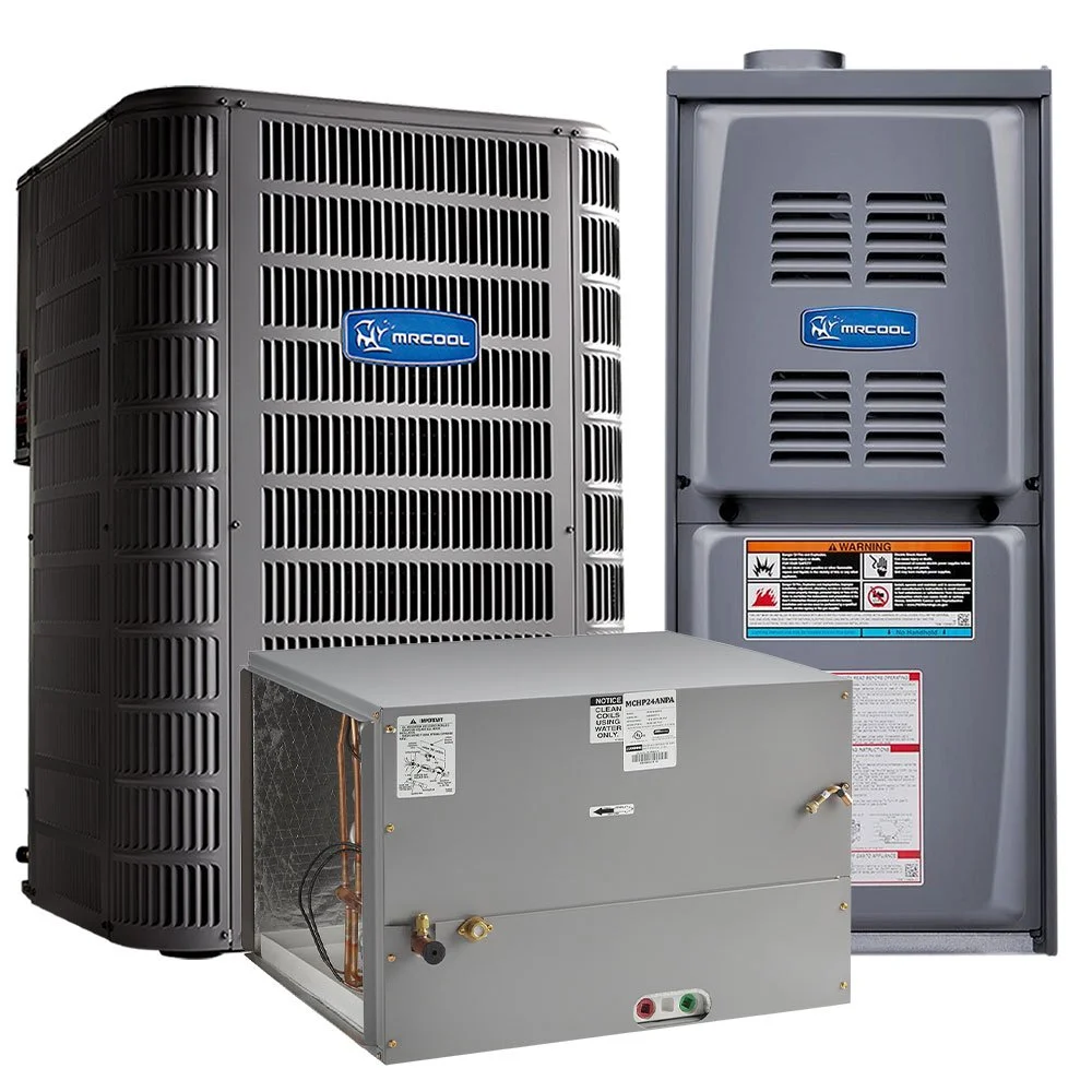 Three components of an HVAC system: a black outdoor condenser unit, a gray indoor air handler, and a gray control box.