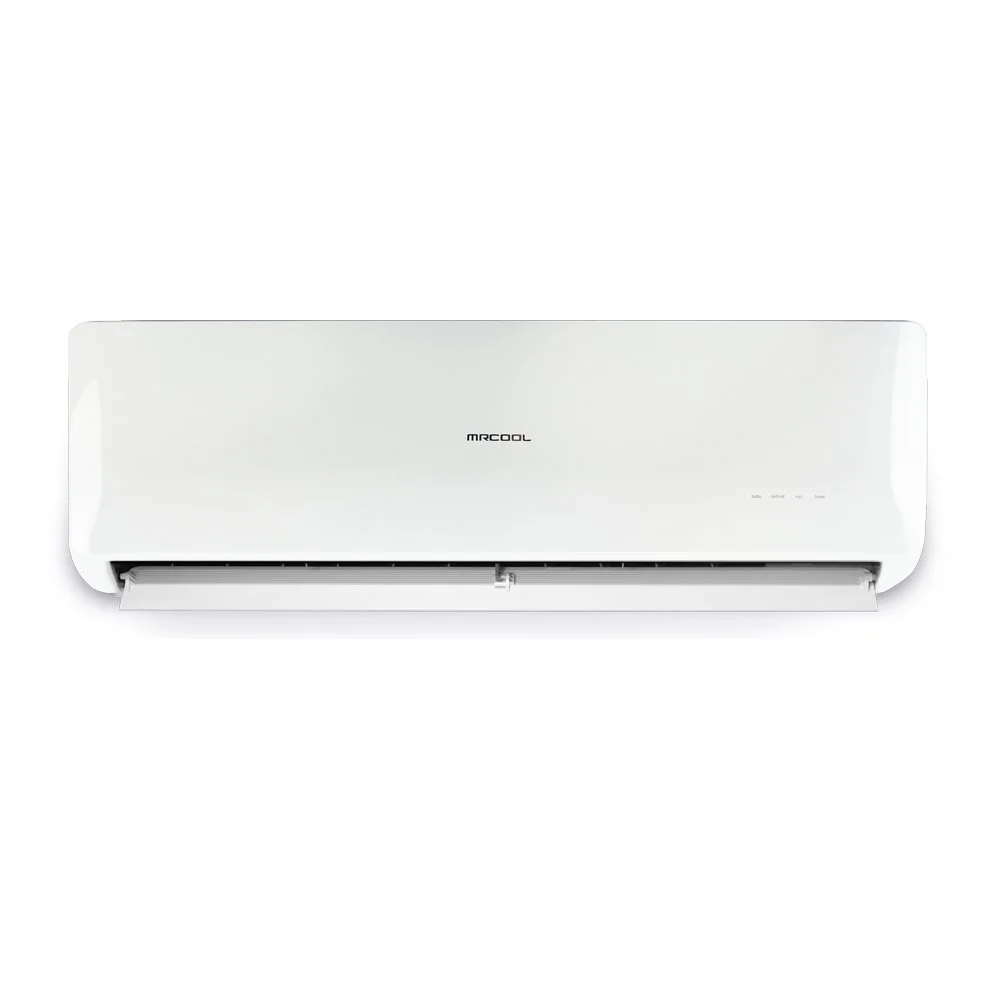 White wall-mounted air conditioner unit with the brand name MRCOOL centered on the front panel.