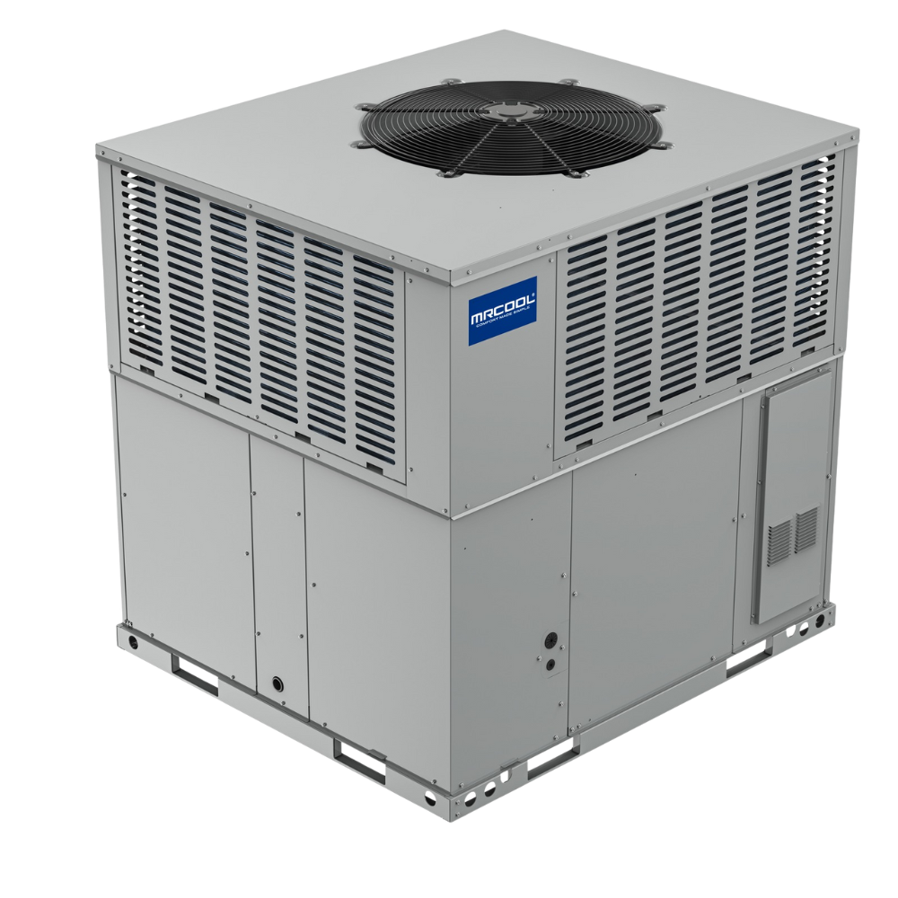 Commercial HVAC cooling unit with a fan on top and a company logo on the side.