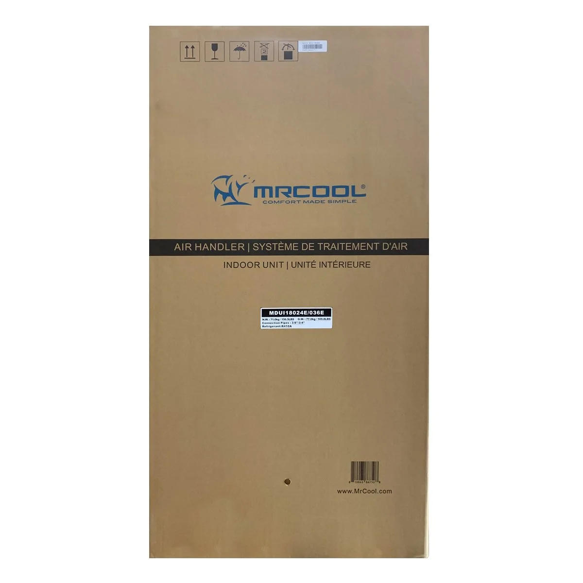 Large beige box for an air handling unit with symbols for handling and humidity, MrCool logo, and product details including model number, voltage, and website.
