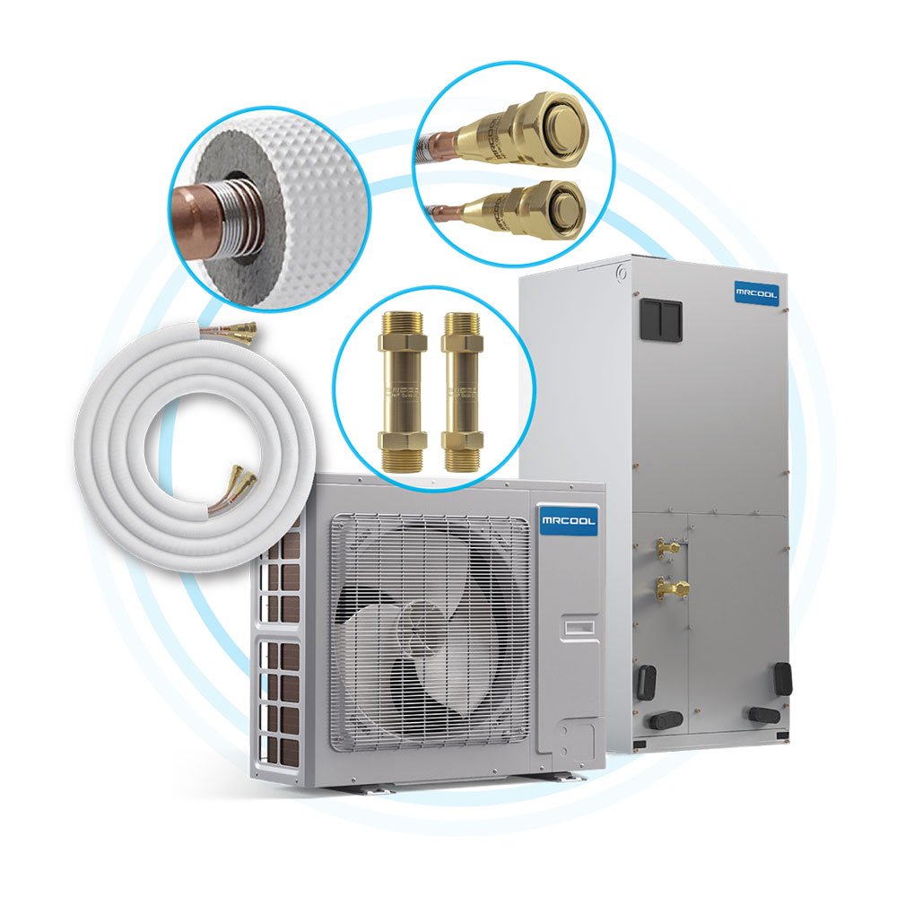 Image of an HVAC or refrigeration system with various components, including a condenser unit, pipes, fittings, and hoses, used for cooling or heating.
