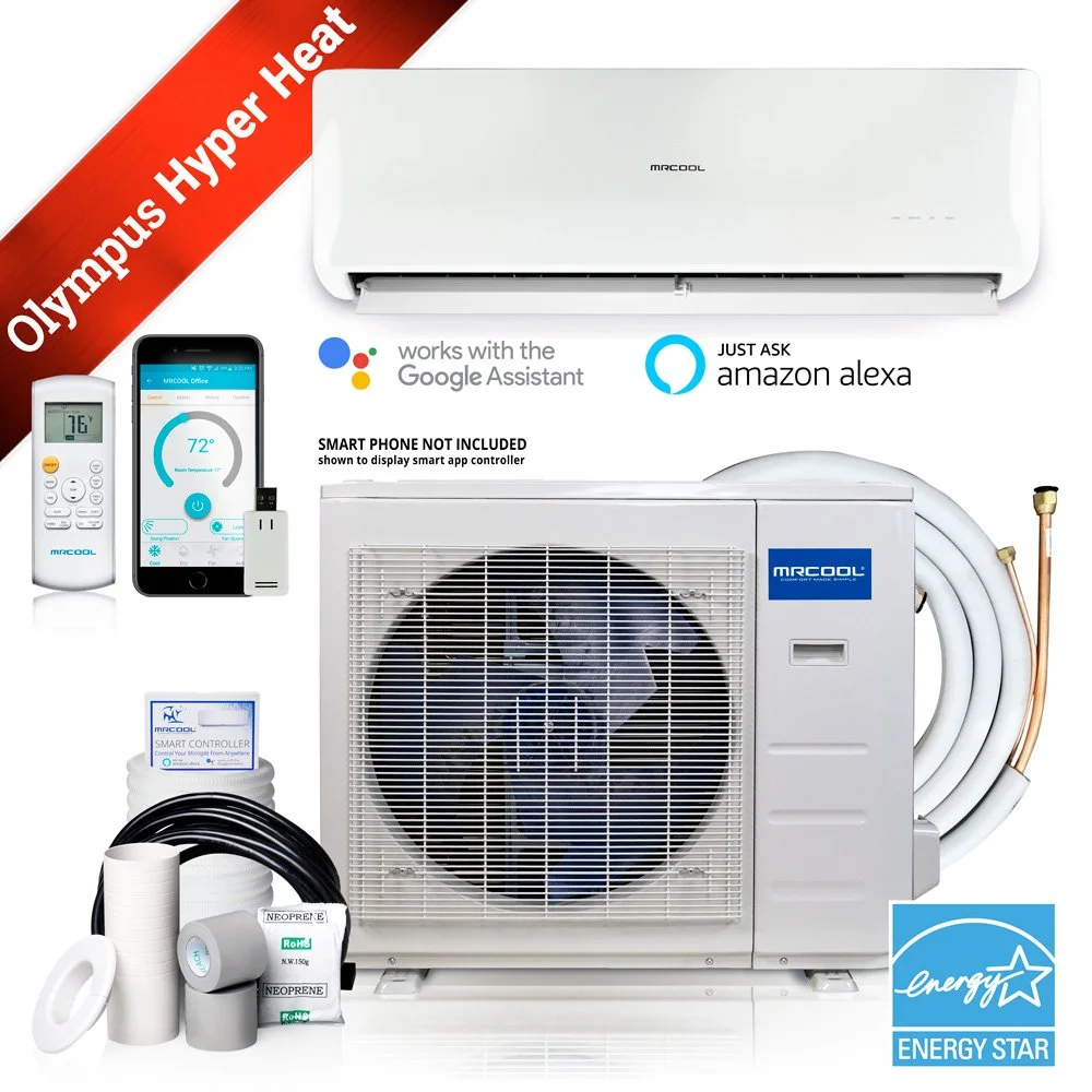 A photo of an Olympus Hyper Heat air conditioning system with a large indoor unit, outdoor unit, remote control, smart phone app, and accessories, with logos indicating compatibility with Google Assistant, Amazon Alexa, and Energy Star.