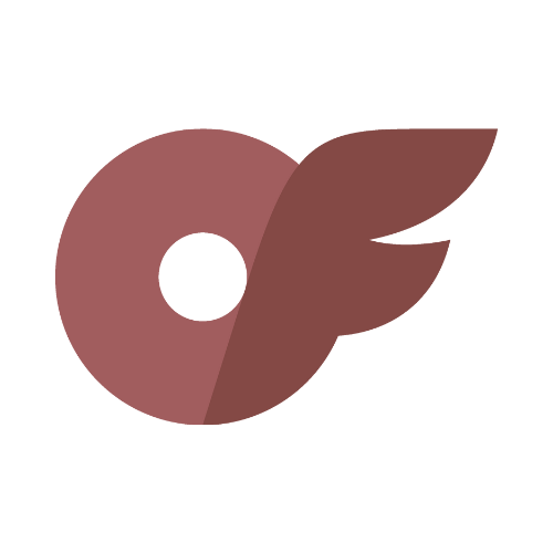 Abstract logo consisting of a solid circle with a leaf-like shape extending from it, in maroon color.