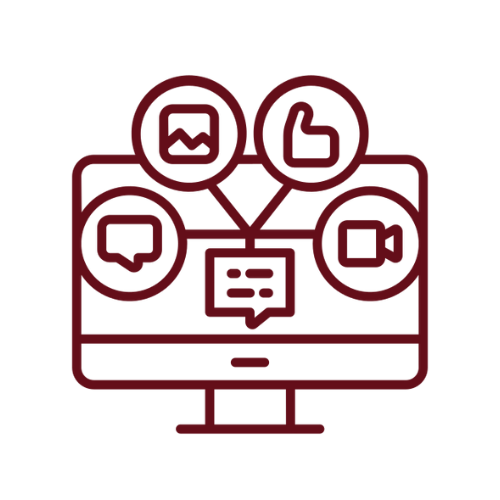 Outline of a computer monitor with icons representing social media, email, messaging, and video, connected by lines.