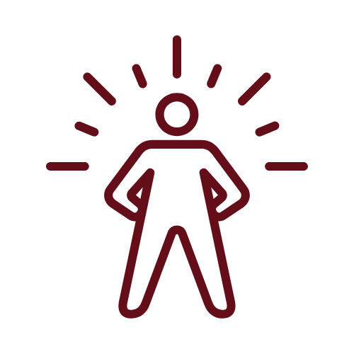 Minimalist line drawing of a person with hands on hips and lines radiating around the head, symbolizing confidence or empowerment.