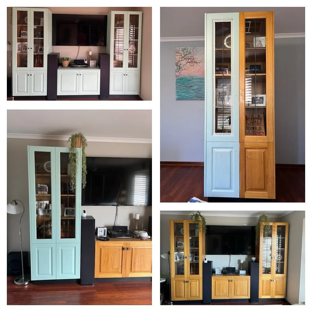 Updating a classic 70s wall unit with a sleek colour and contemporary handles.  #duluxpaint Alpine Nest Love how the lighting changes the colour