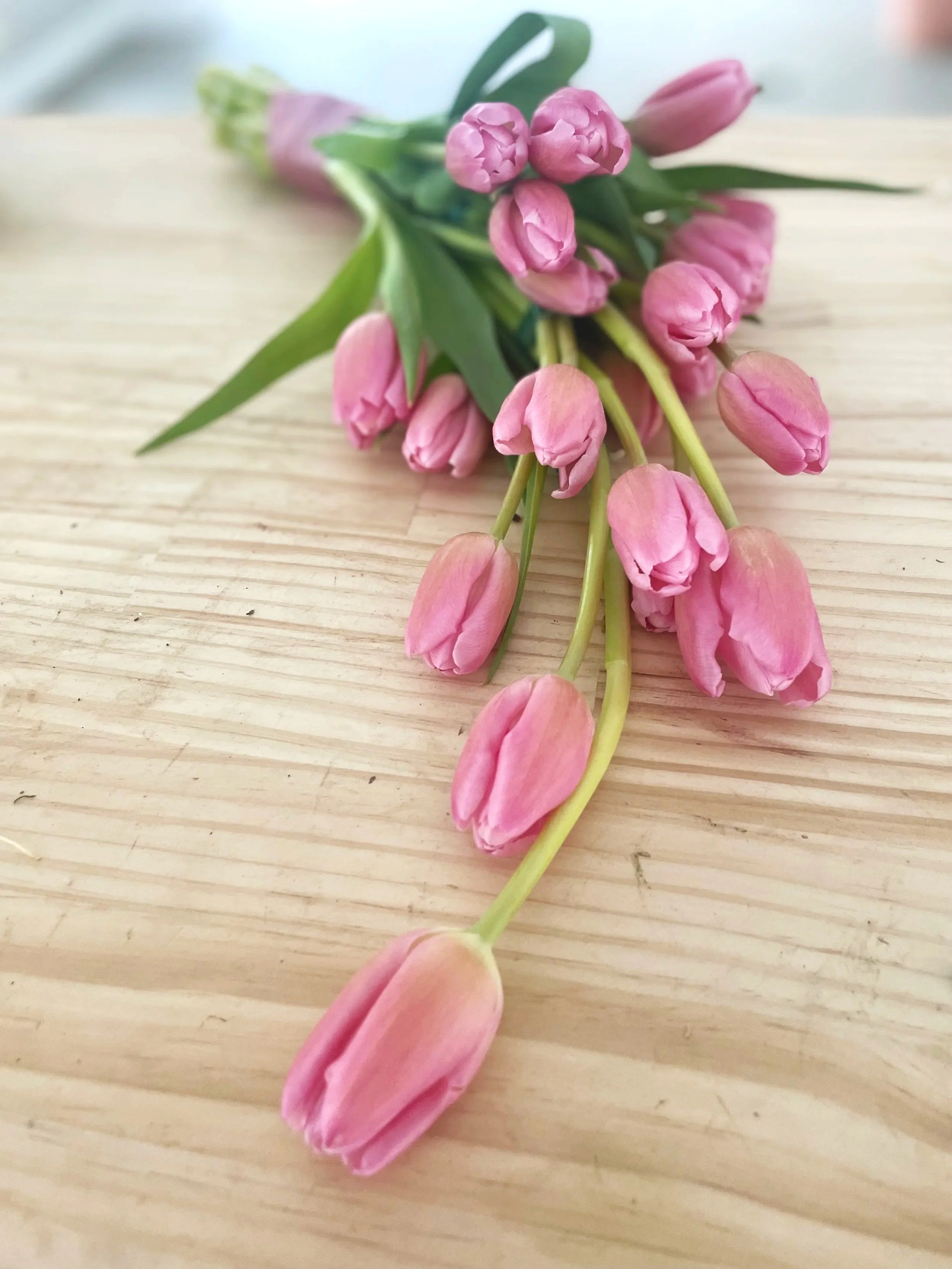 A bunch of pink tulips for a bridal bouquet with green leaves on a light wooden surface.