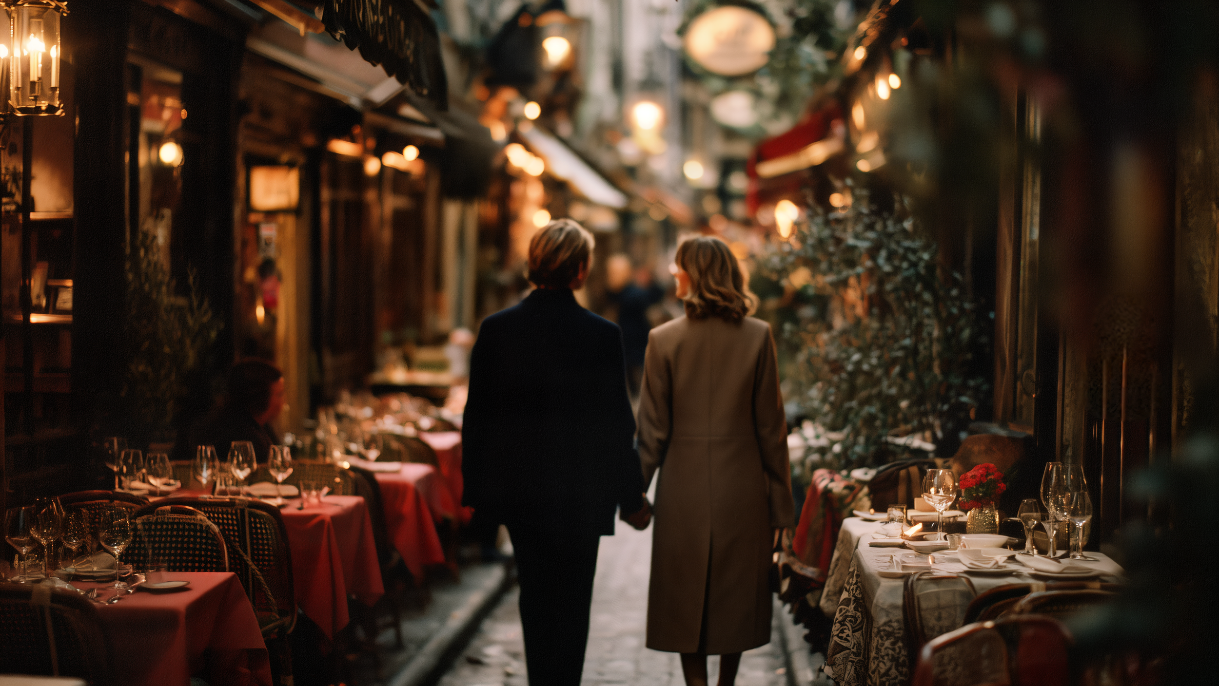 Couple walking through intimate European outdoor restaurant with red tablecloths and warm ambient lighting
