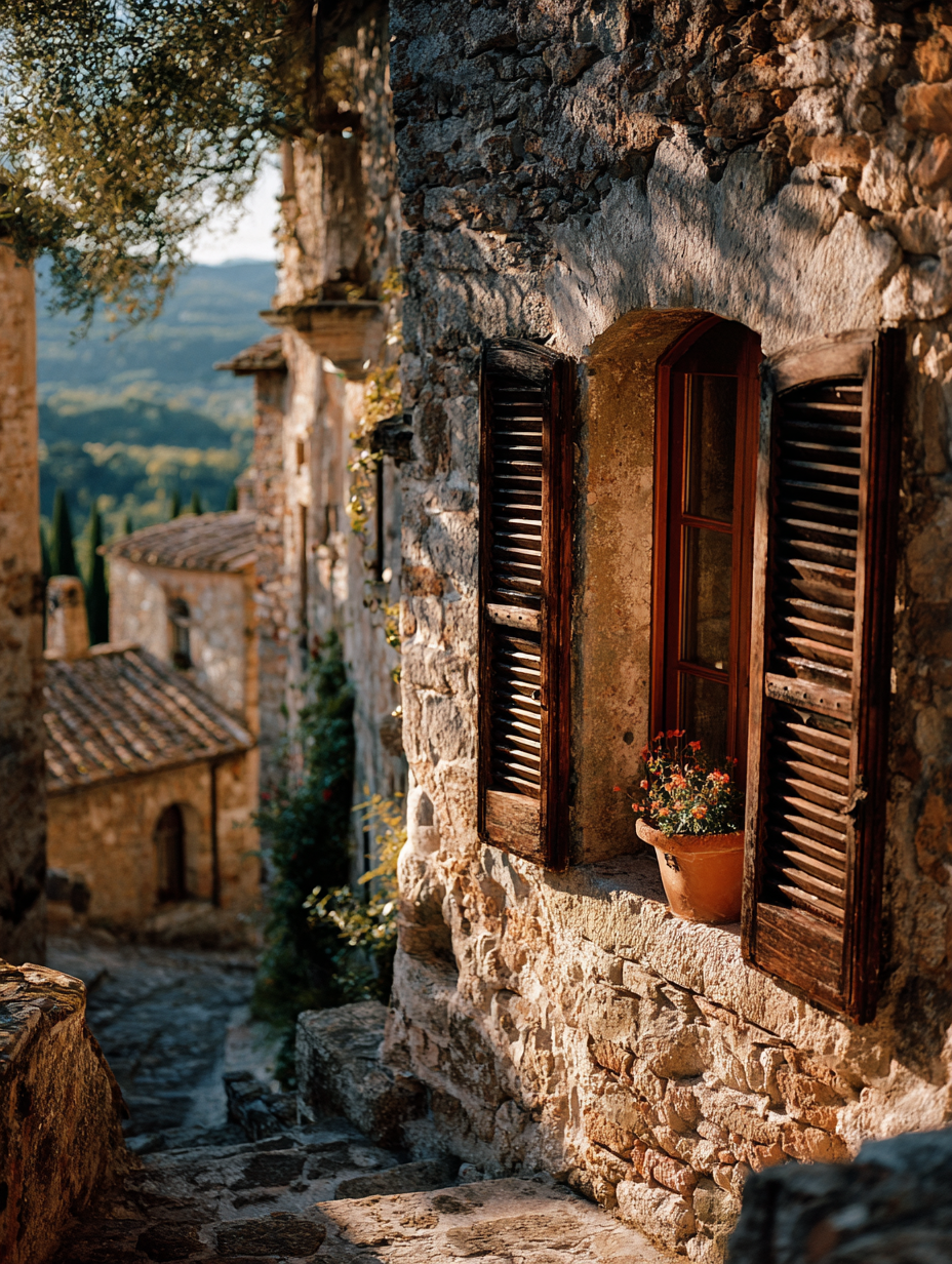 Stone window with wooden shutters in medieval Italian village overlooking Tuscan countryside at golden hour