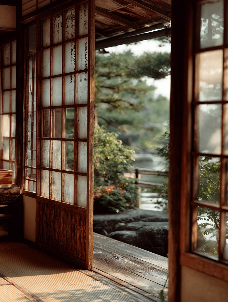 Traditional Japanese ryokan interior with tatami mats, wooden shoji screen doors, and tranquil garden view