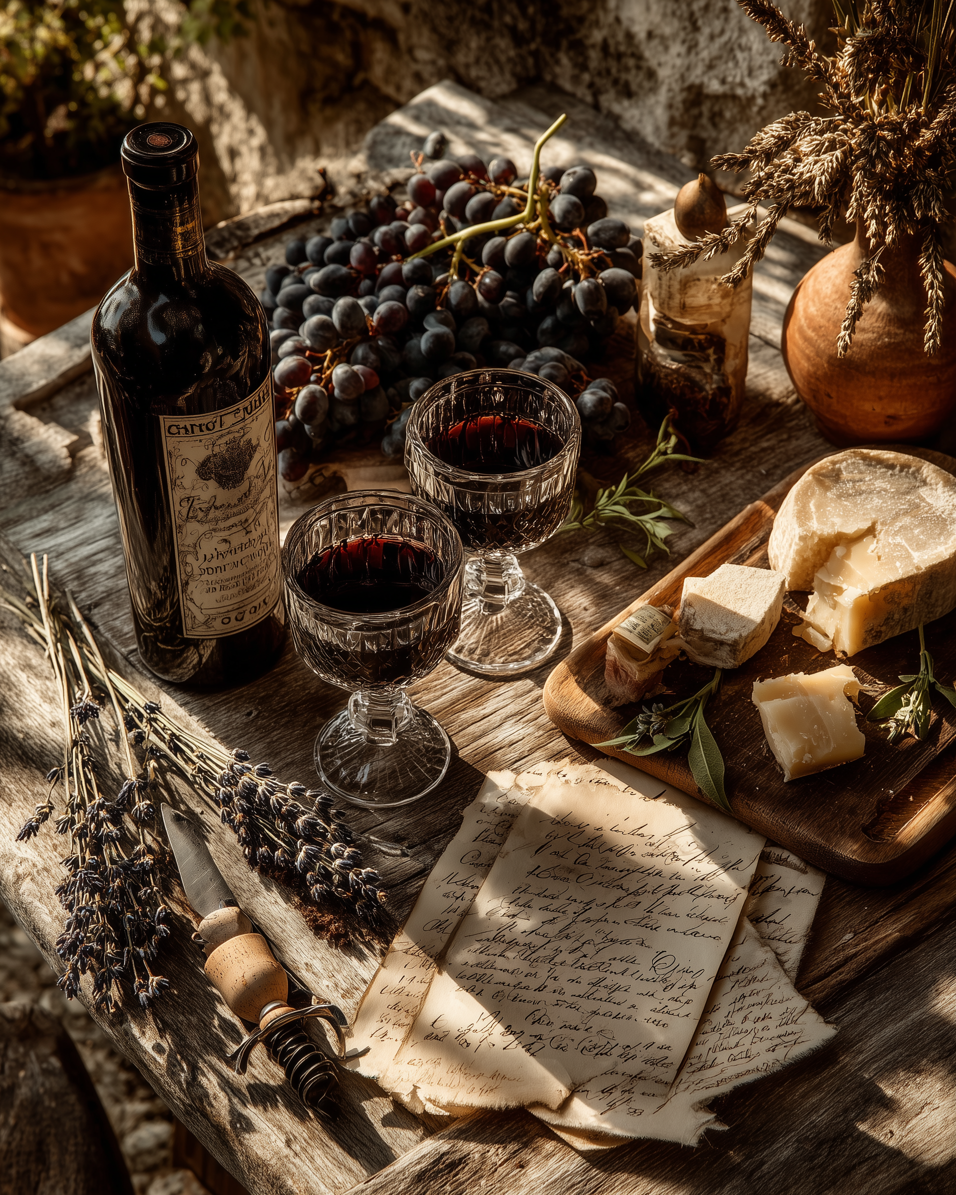 Wine tasting table with vintage bottle, crystal glasses, fresh grapes, artisan cheese, and lavender bouquet