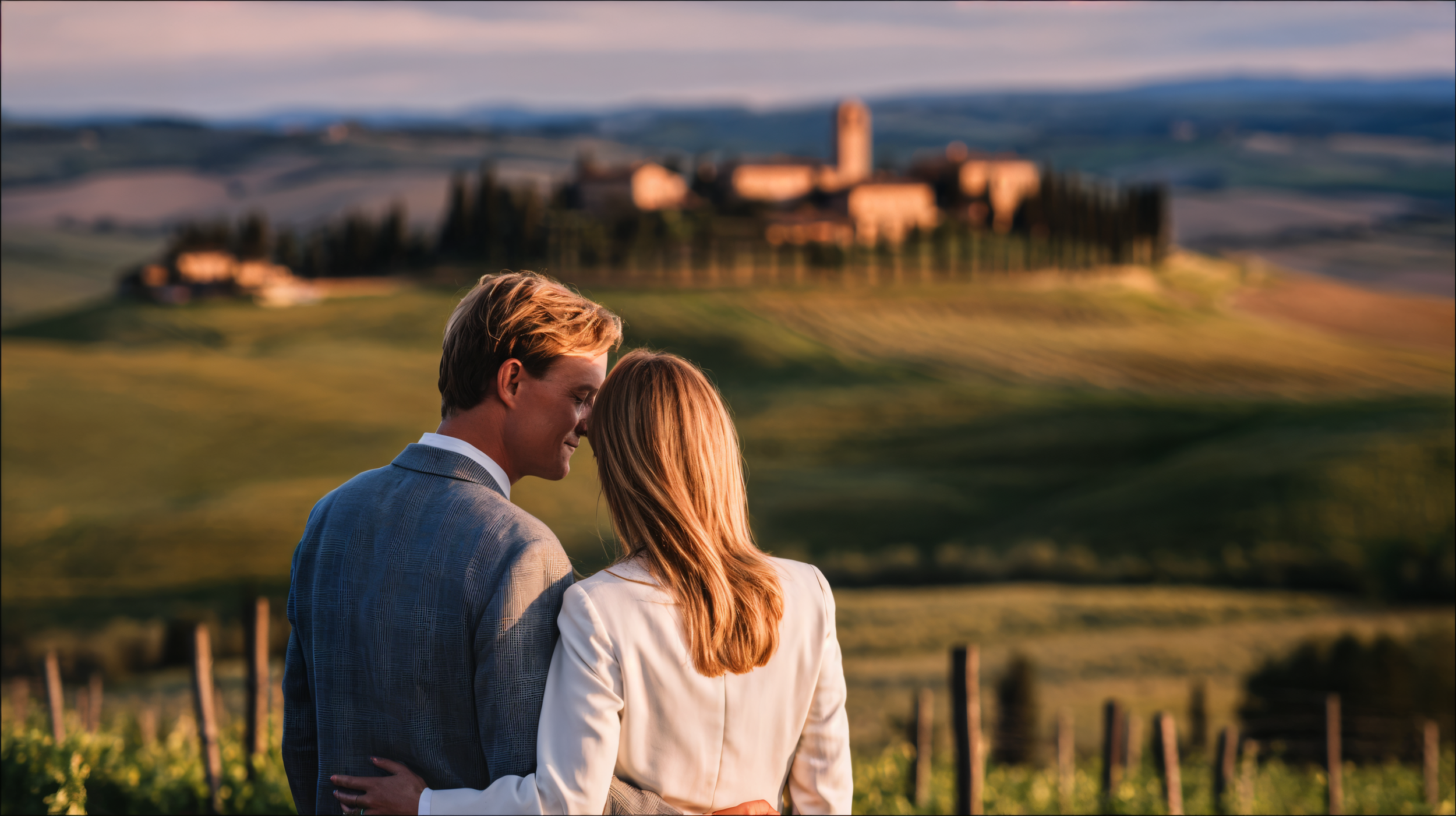 Elegant couple overlooking Tuscan vineyard landscape at golden hour with hilltop medieval village and cypress trees