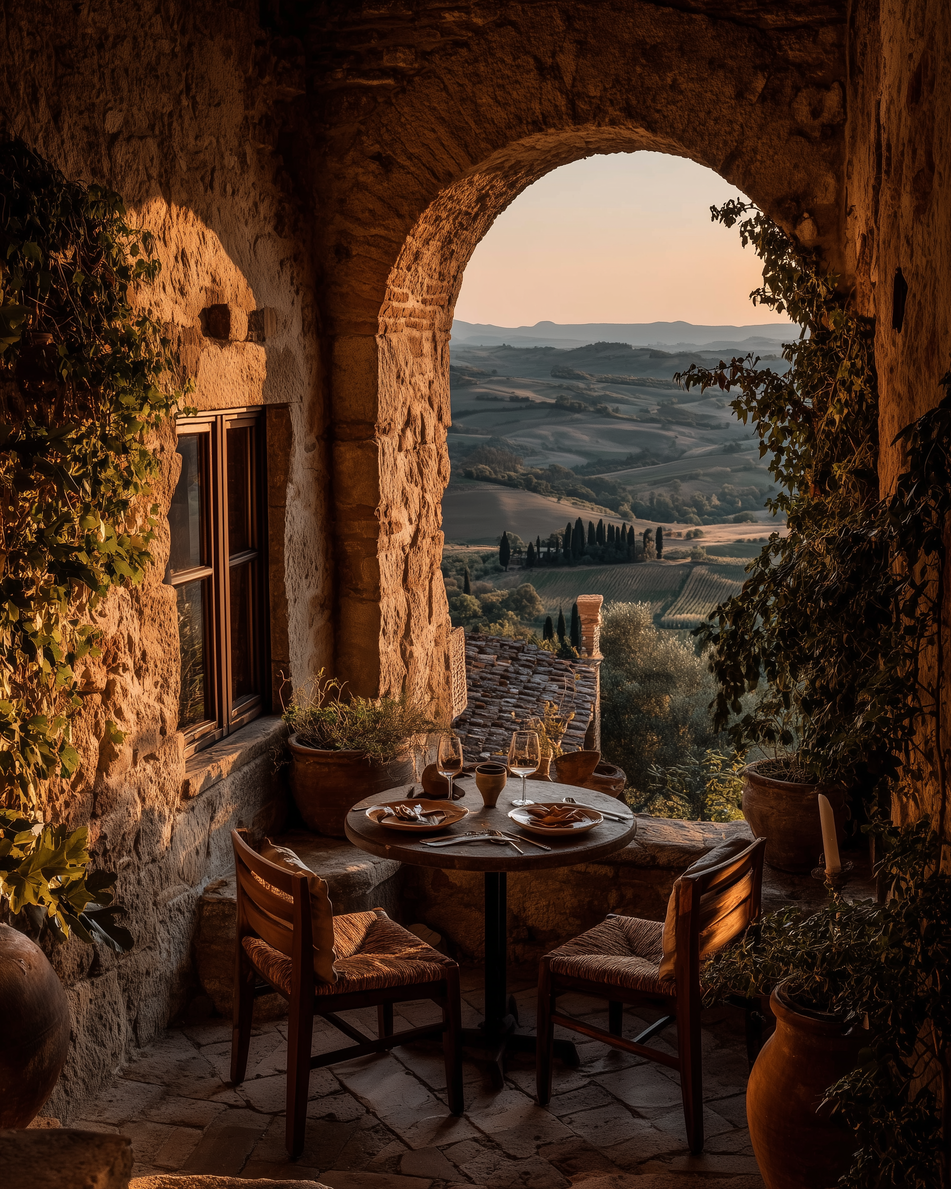 Stone archway in medieval Tuscan villa framing rolling countryside hills with wine glass on rustic wooden table