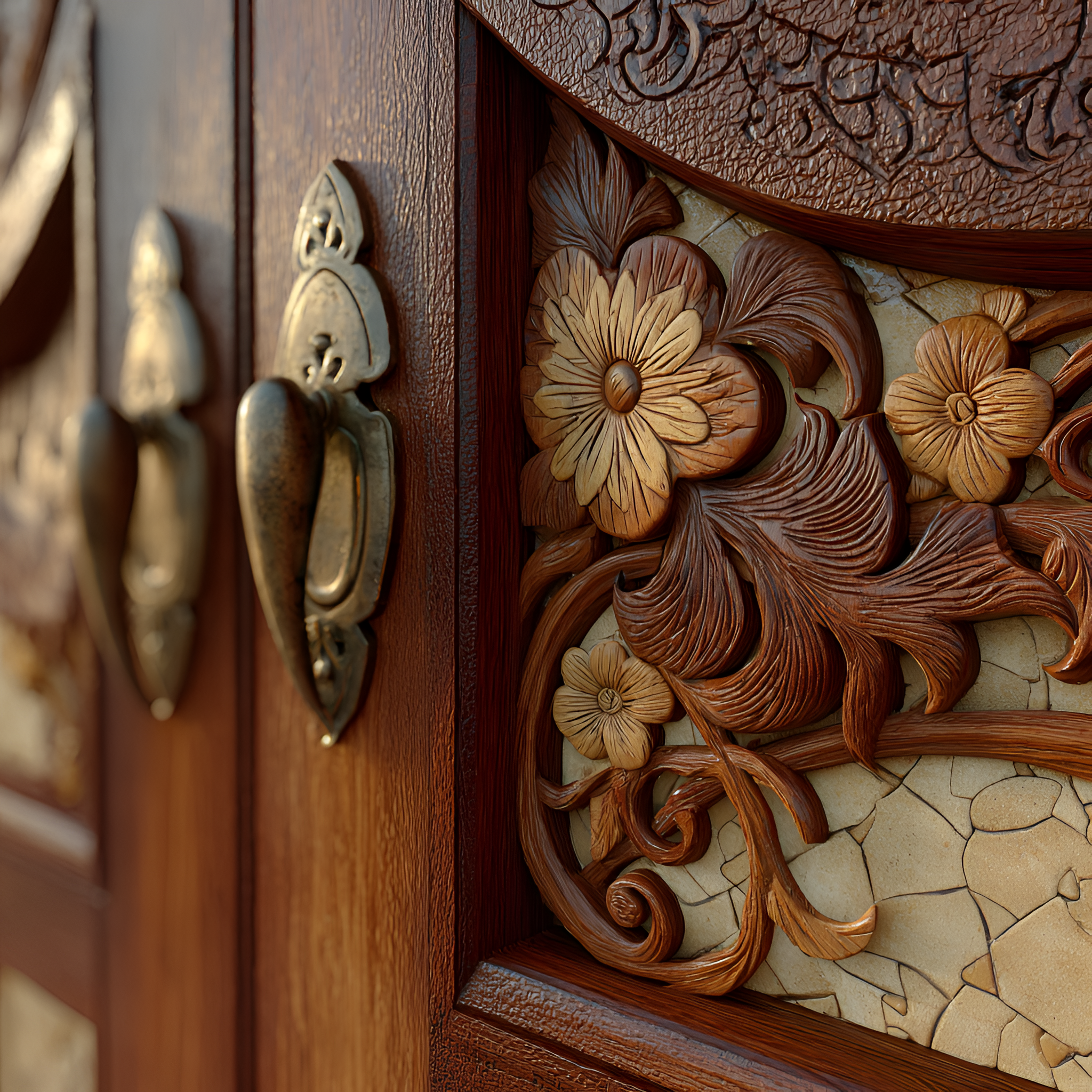 Artisan carved wooden door with intricate floral pattern and antique brass hardware showing bespoke craftsmanship