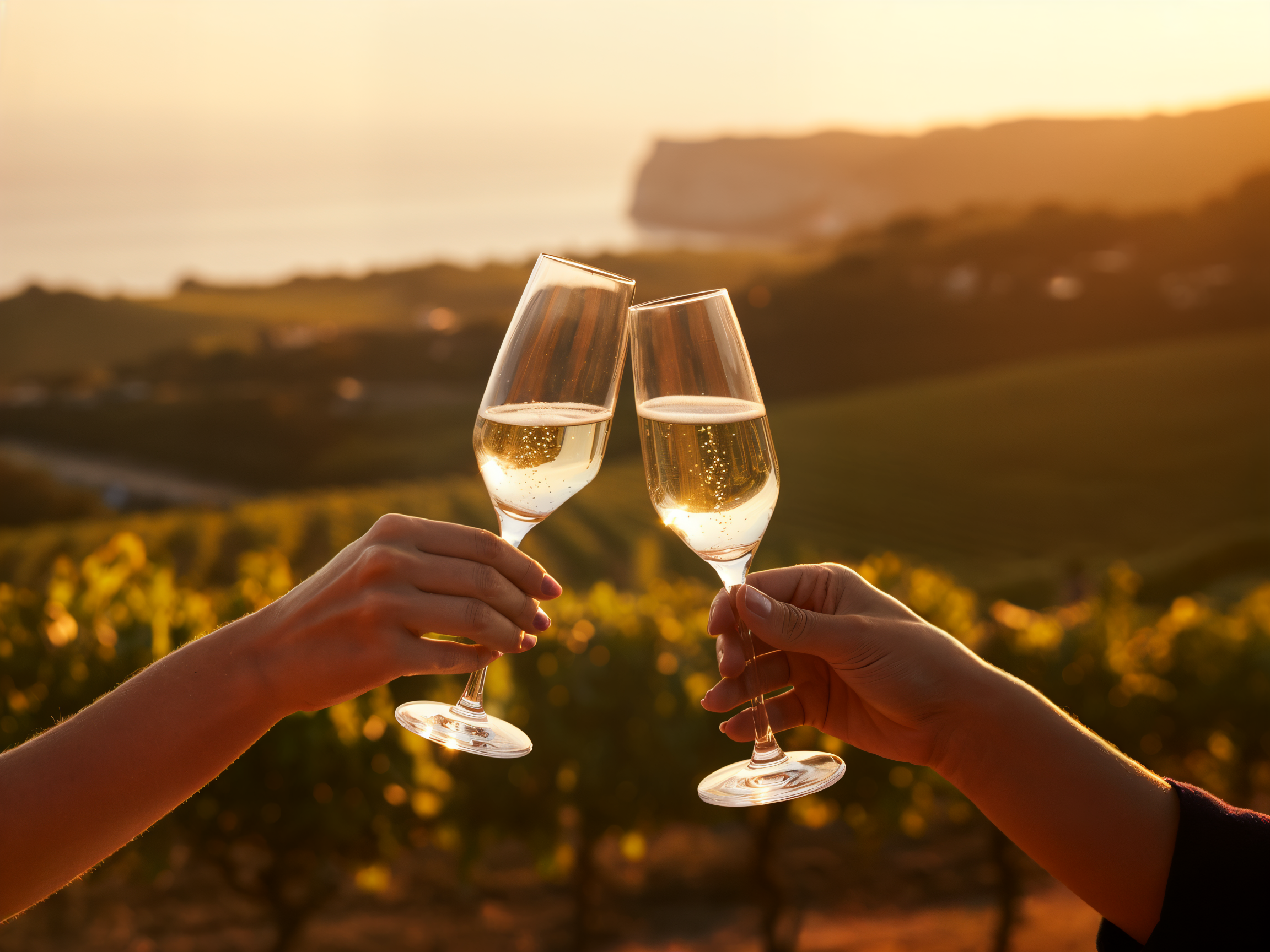 Couple toasting white wine glasses overlooking golden vineyard landscape at sunset for romantic celebration