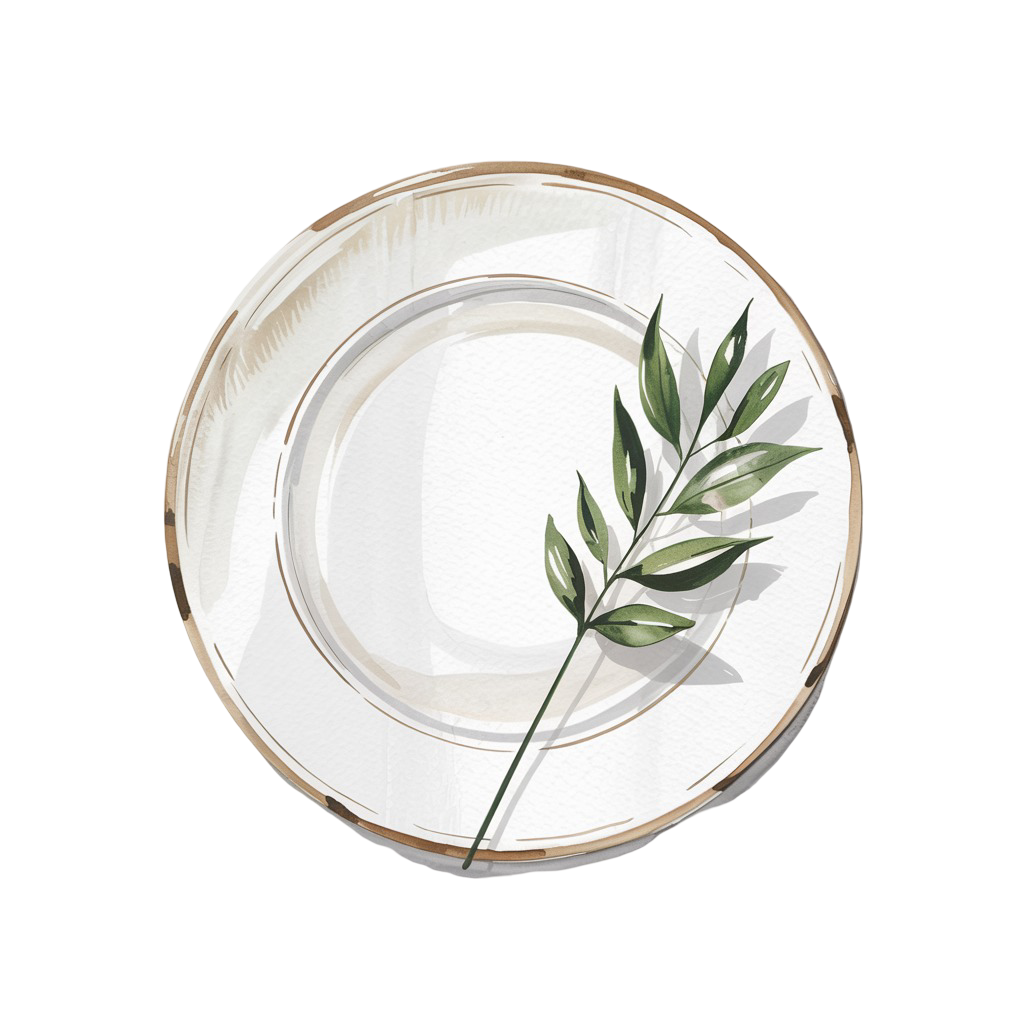 Minimalist line drawing of olive branch on plate representing culinary intelligence and fine dining curation