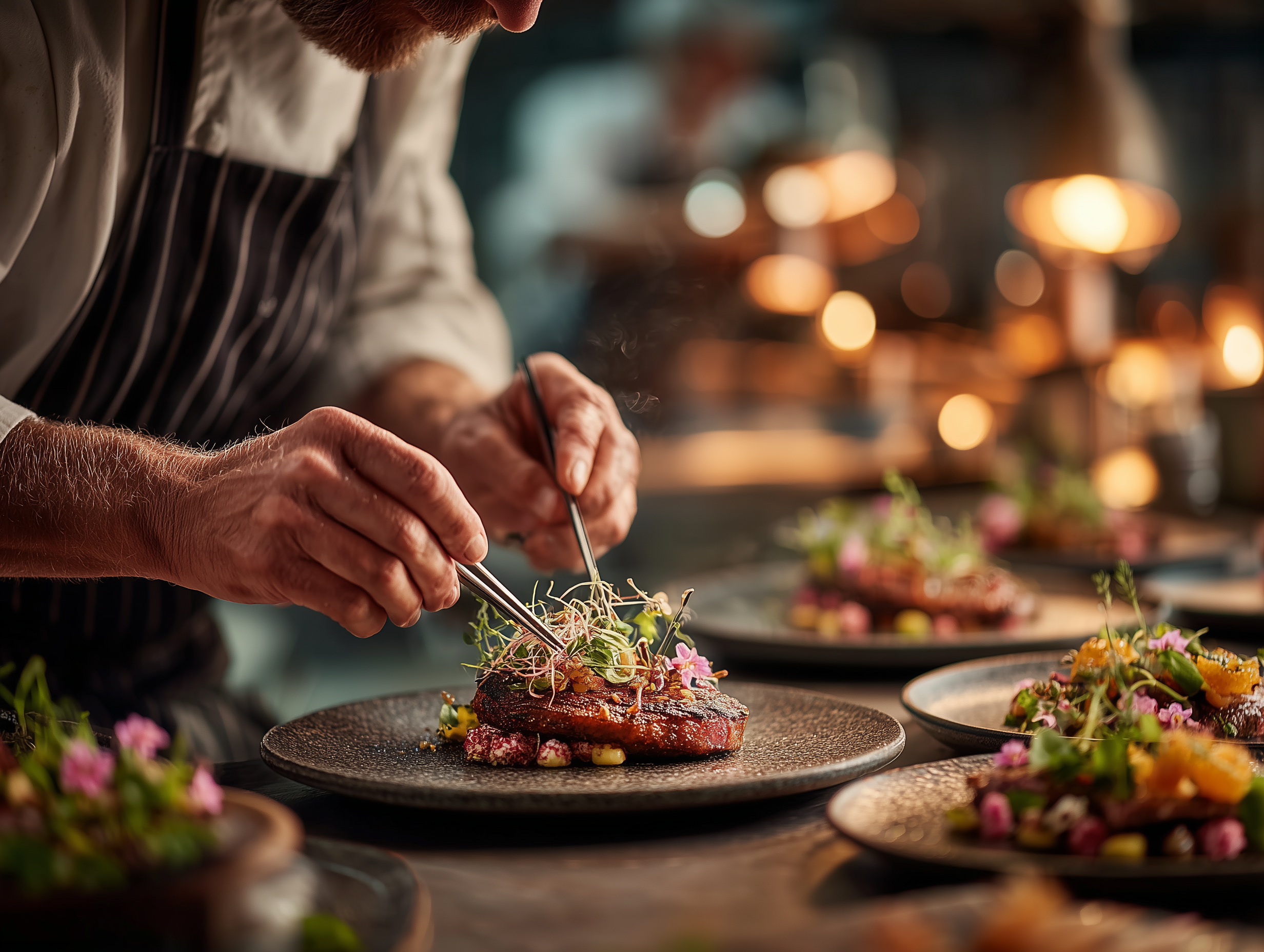 Chef hands plating artistic tasting menu course with edible flowers and micro greens at Michelin-level restaurant