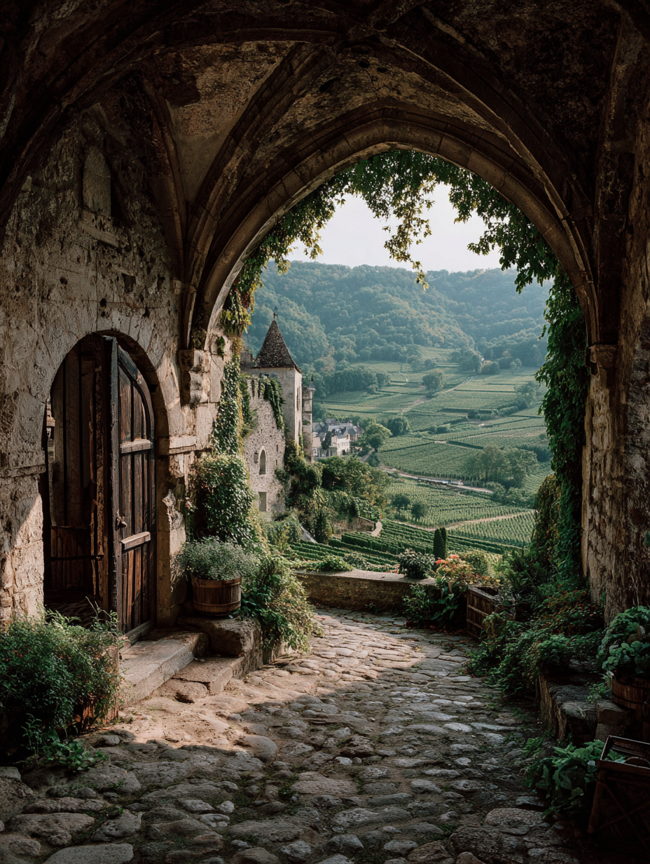 Ancient Gothic stone archway with wooden door framing panoramic view of rolling vineyard countryside hills
