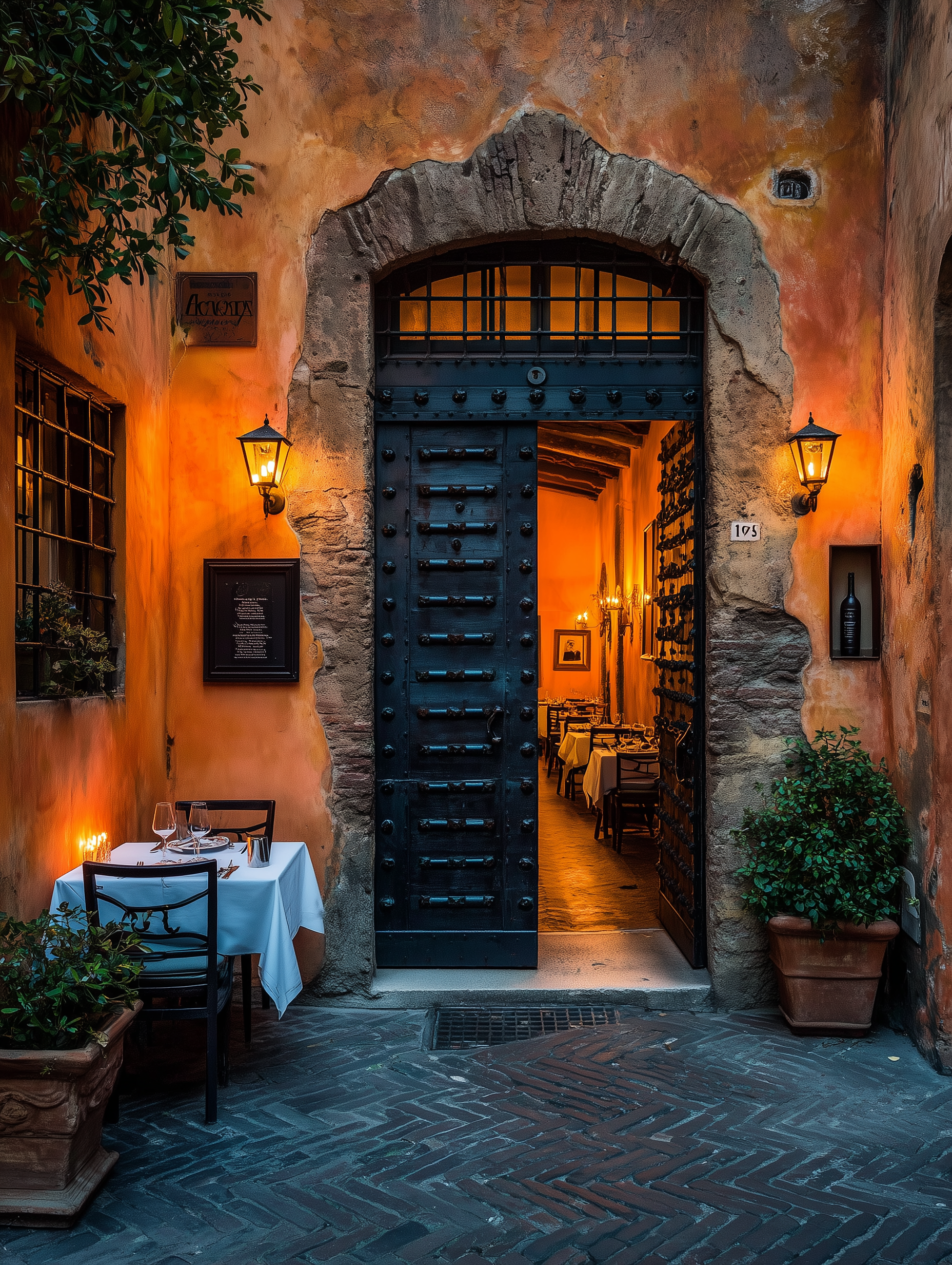 Intimate Italian restaurant entrance with terracotta walls, blue wooden door, and candlelit table at dusk