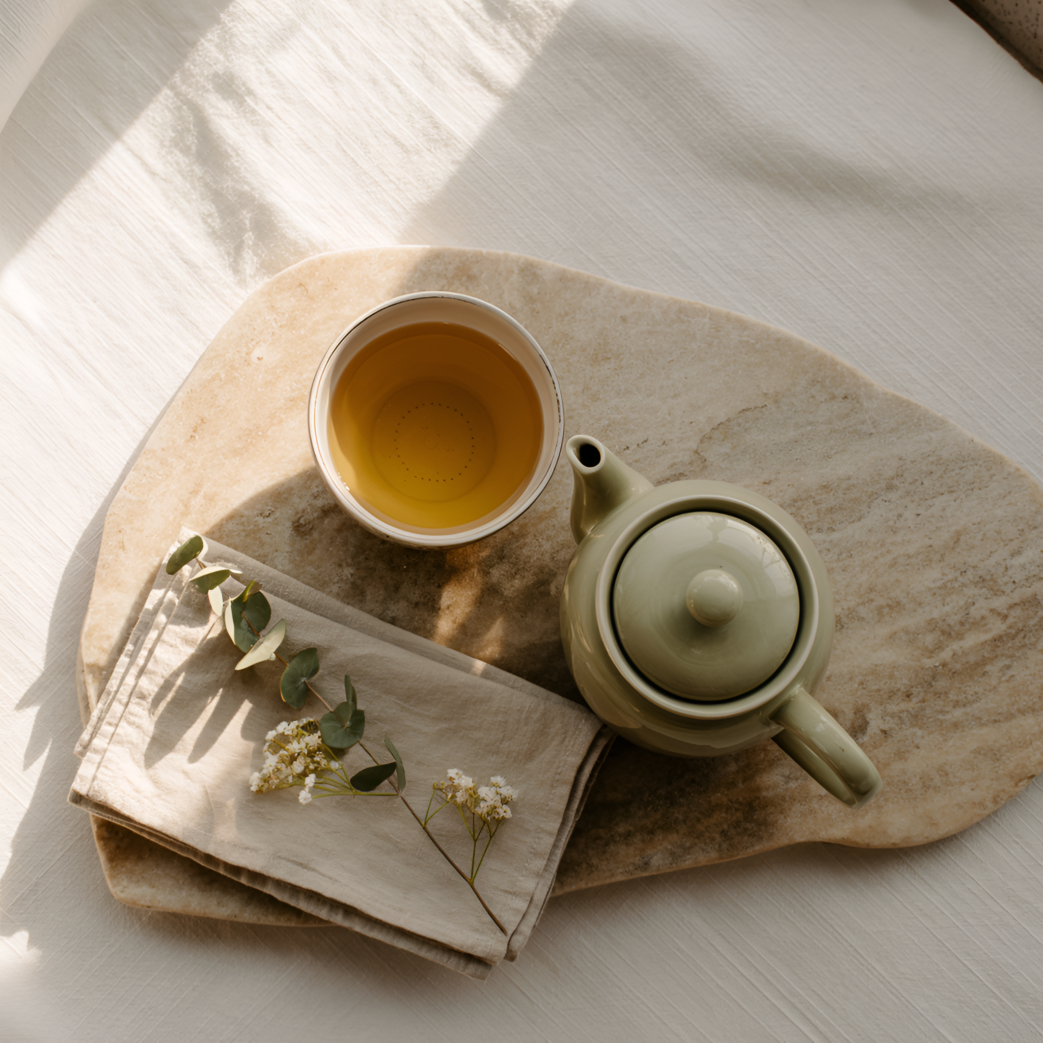 Serene tea ritual setup with ceramic teapot, cup of herbal tea, and dried flowers on neutral linen bedding