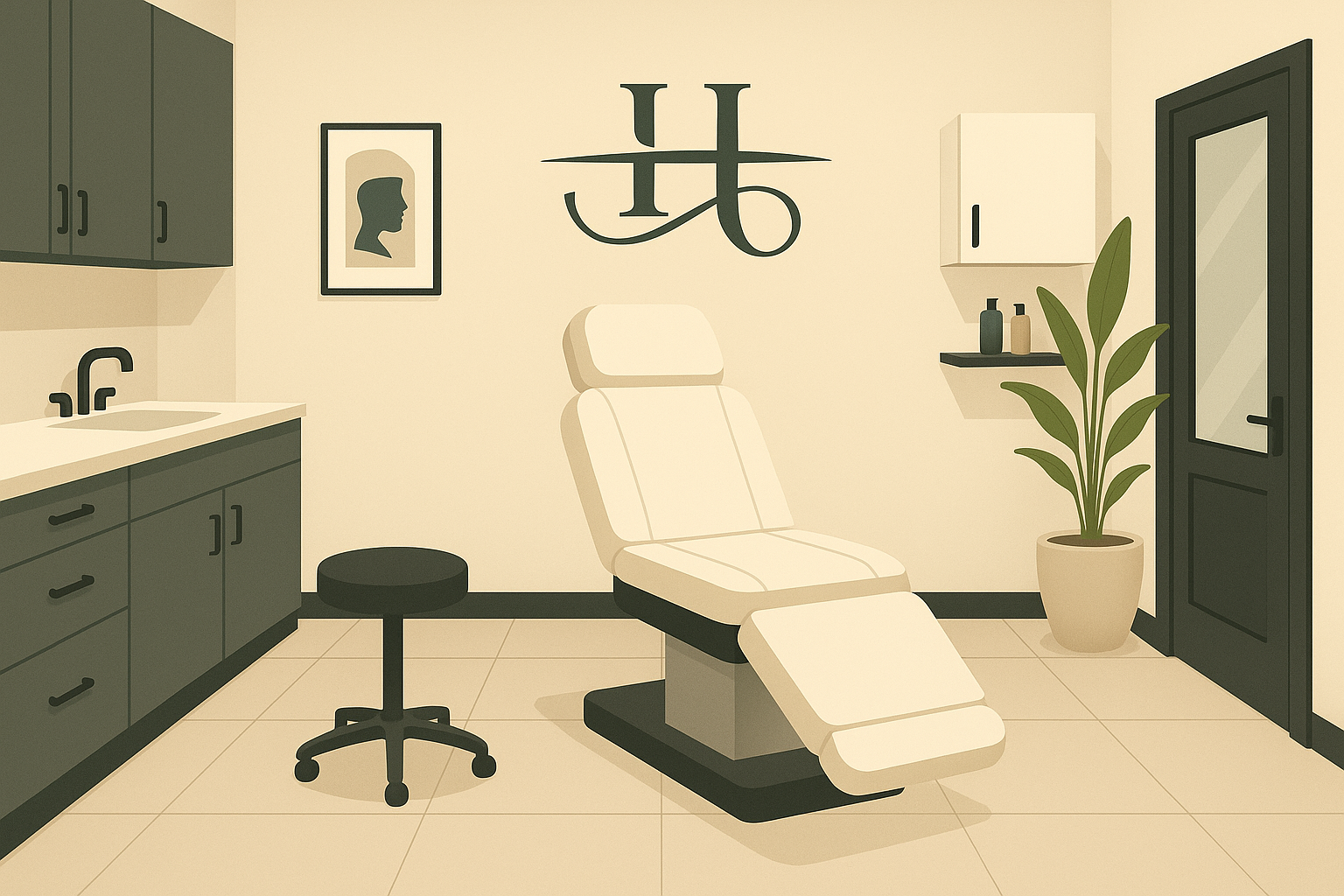 A medical examination room with a reclining chair, a small stool, a countertop with a sink, framed artwork of a silhouette, a wall clock, a closed door, a potted plant, and shelves with bottles.