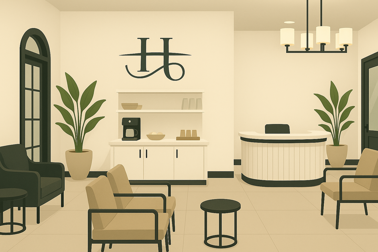 A modern reception area with beige armchairs, black and beige sofas, a black side table, and large potted plants. There are white shelves with kitchen items and a unique wall decoration above. The space has a white curved reception desk, a dark chandelier, and large glass doors.
