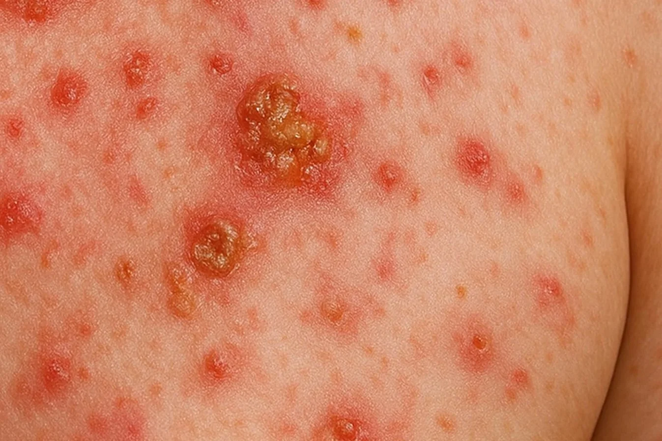 Close-up of skin with multiple small red spots and two larger, rough, brownish growths or sores.