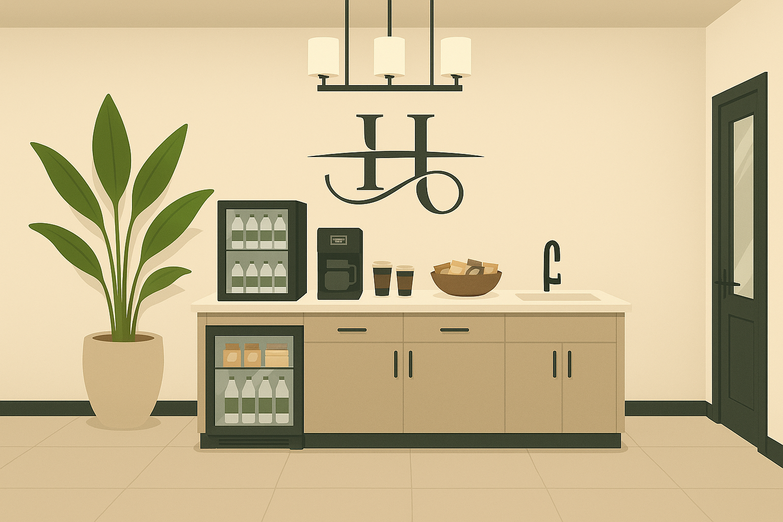 A minimalist kitchen with beige cabinets, a white countertop, a black faucet, a small refrigerator with drinks, two glasses of cola, a bowl of snacks, a coffee machine, and a large potted plant to the left. A black door and modern chandelier are also visible.