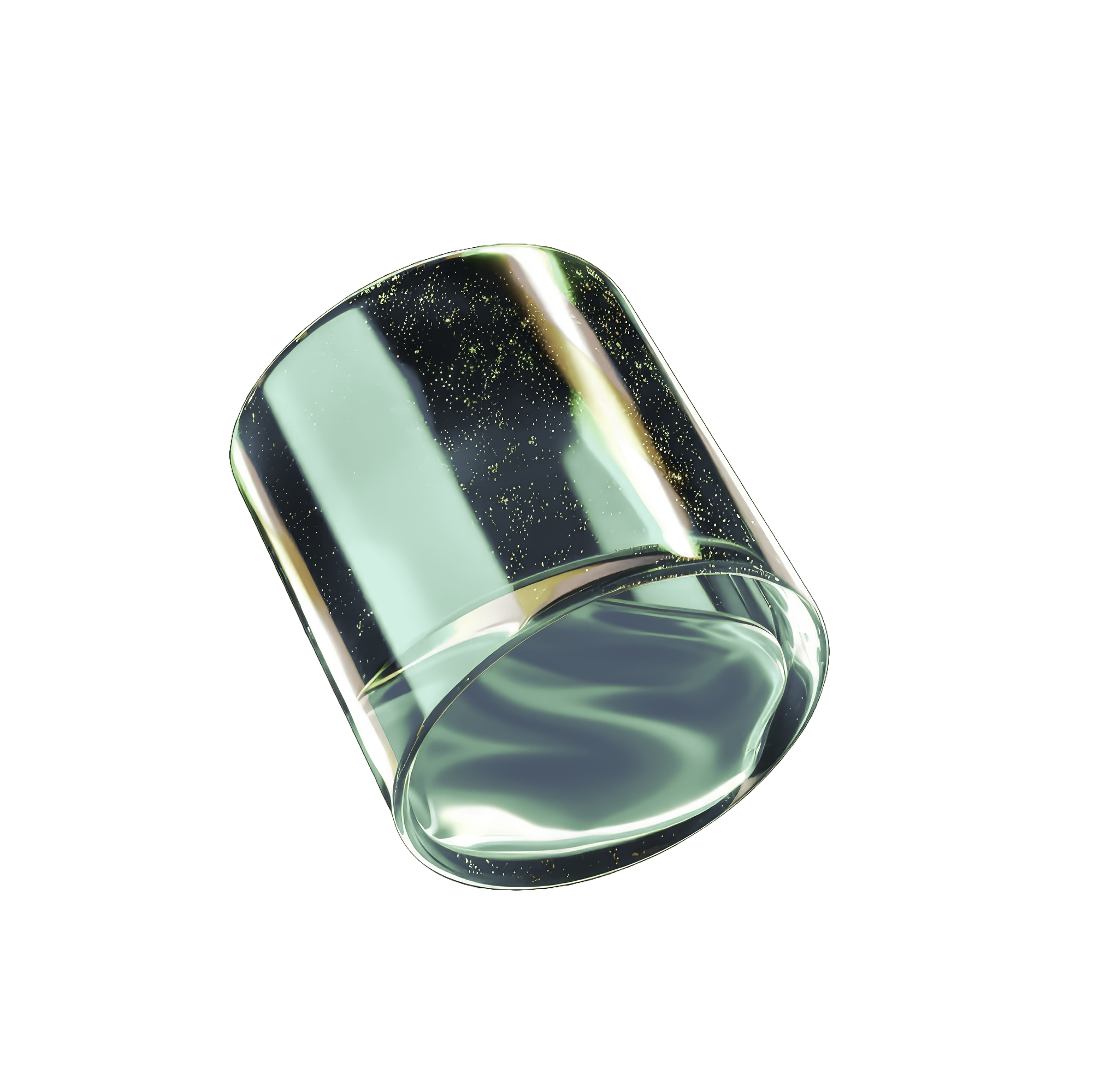 A clear glass tumbler with water and bubbles inside, tilted at an angle against a black background.