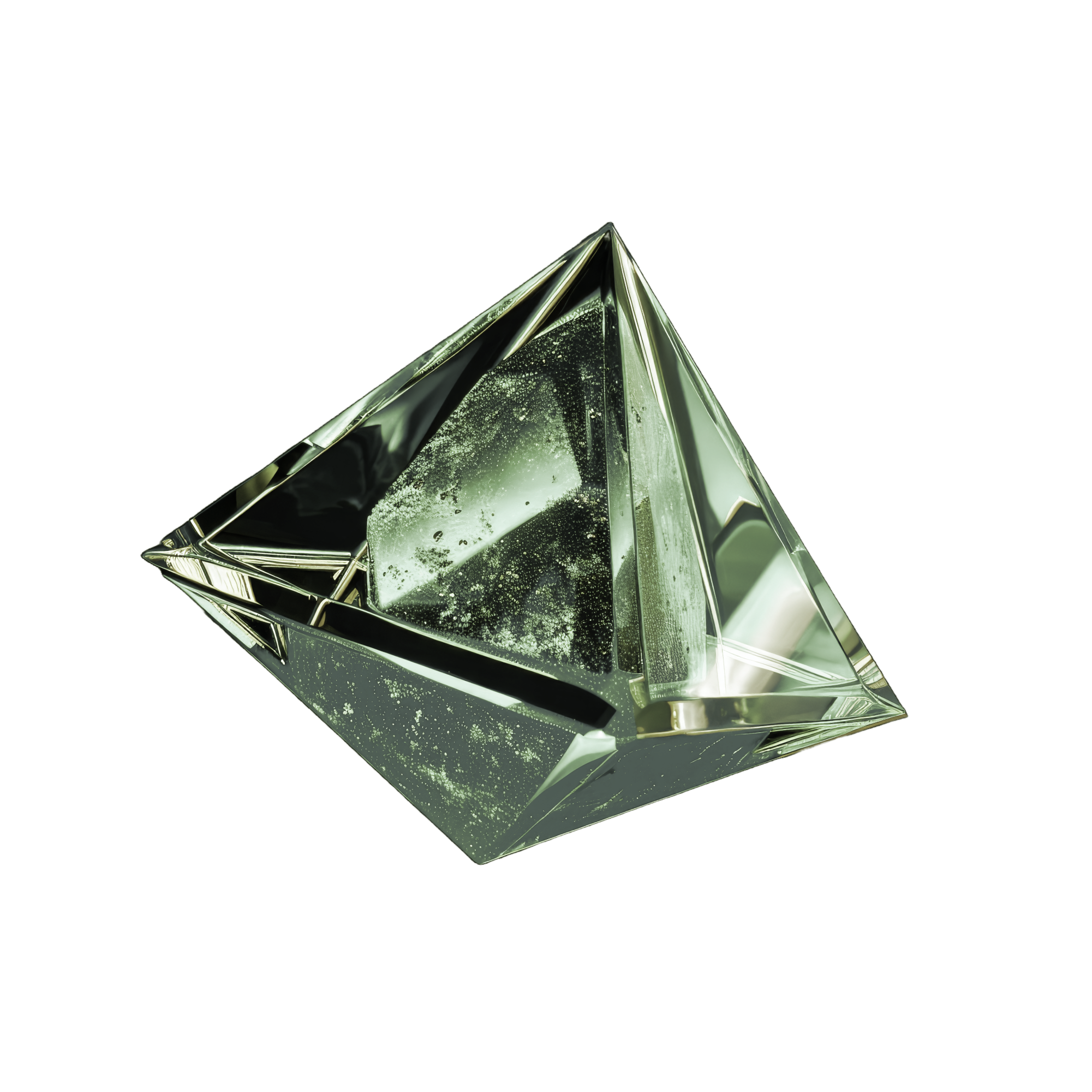 A reflective, transparent pyramid-shaped object against a black background.