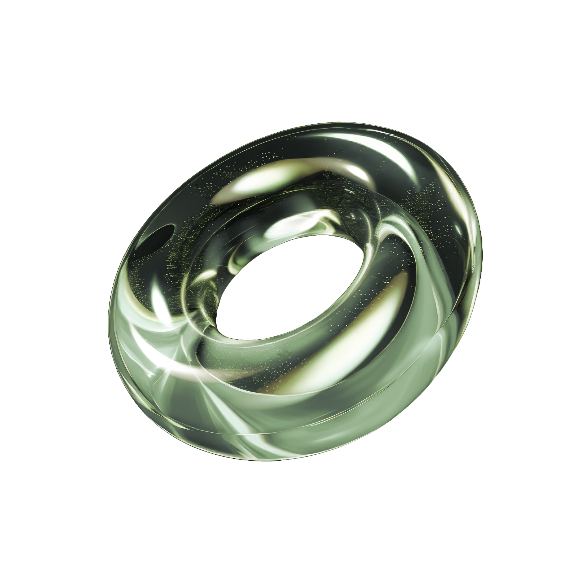A shiny, metallic torus-shaped object with a reflective surface, exhibiting swirling patterns in silver, green, and gold tones.