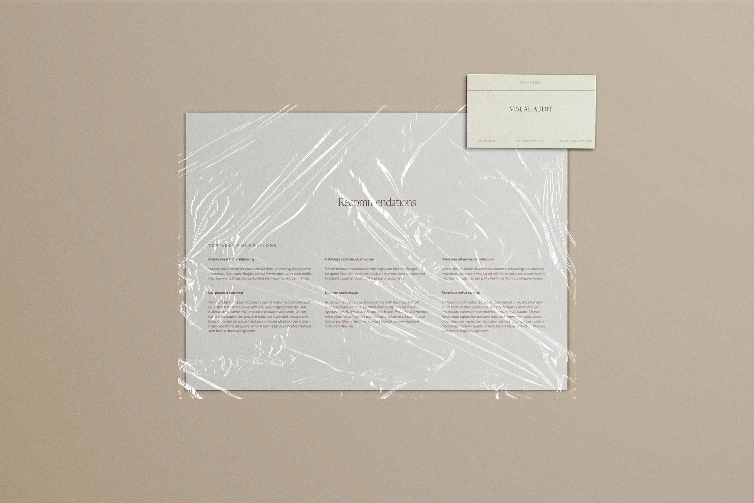 A large light-colored document titled "Recommendations" is taped to a beige wall, with white inner pages visible. A smaller white card titled "Visual Audit" with the brand seal is taped to the top right corner of the document.