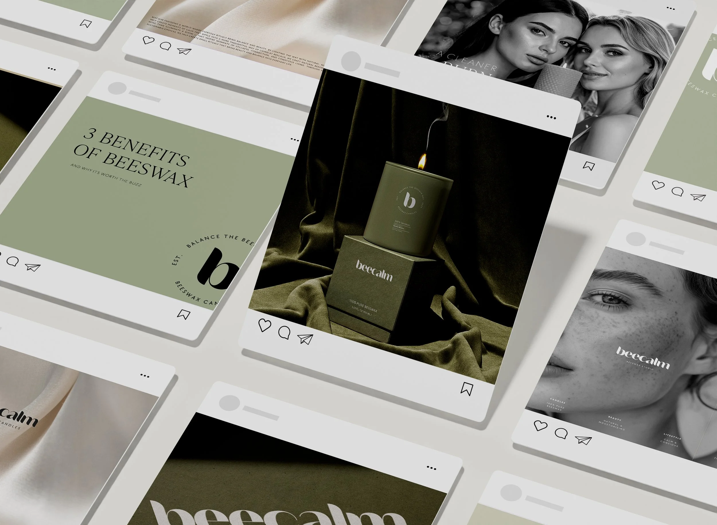 Collection of social media post mockups featuring candles and skincare products, with text promoting benefits of beeswax and images of people.