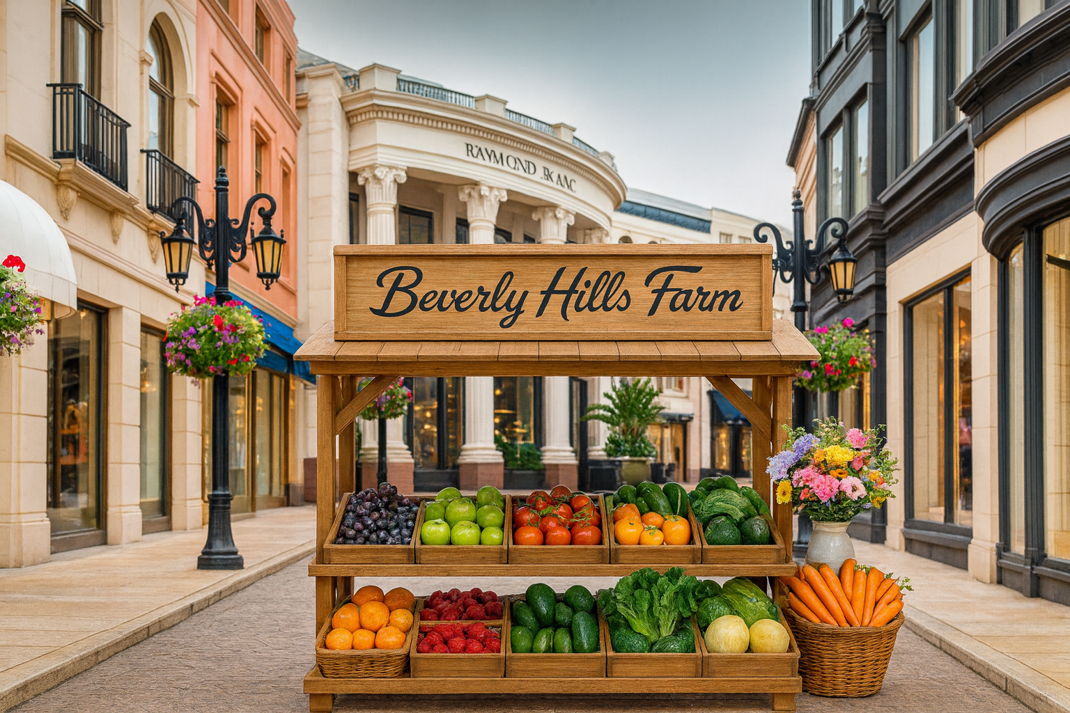 Street scene with a wooden produce stand labeled 'Beverly Hills Farm' displaying various fruits and vegetables, including grapes, apples, tomatoes, cucumbers, lettuce, carrots, and melons, with hanging flower baskets and elegant buildings in the background.