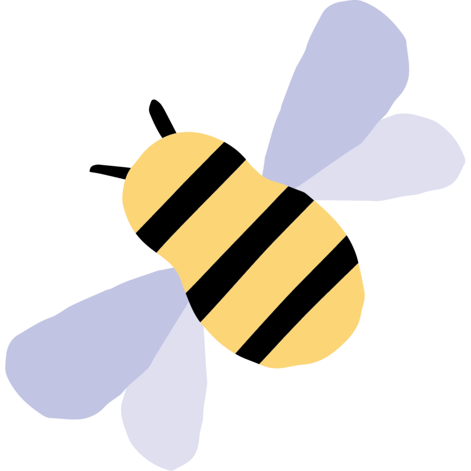 Illustration of a cartoon bee with yellow and black striped body and light purple wings.