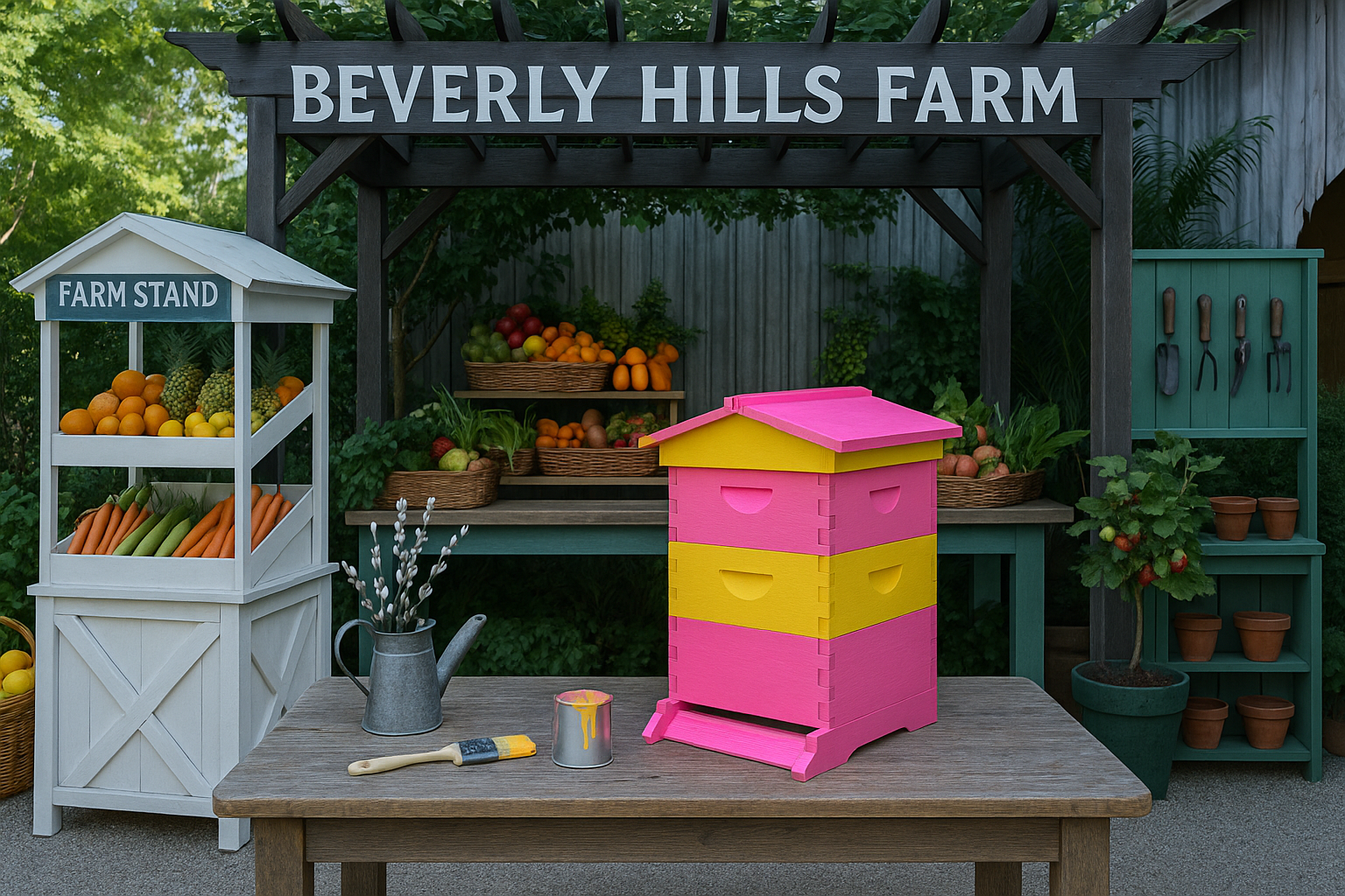A farm stand at Beverly Hills Farm with various fresh vegetables and a colorful pink and yellow beehive on a table.